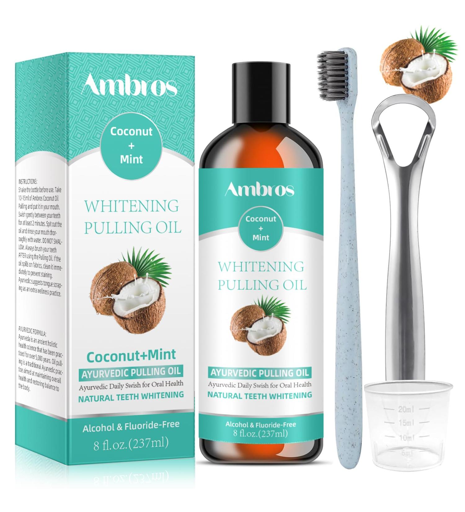 Coconut Oil Pulling Mouthwash with 7 Essential Oils Fresh Breath Teeth & Gum Whitening Natural & Alcohol-Free Includes Guru Tongue Scraper Toothbrush - Buy Online on GoSupps.com