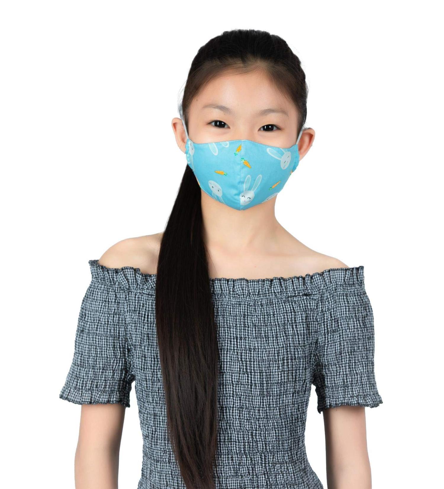 LOFBAZ Washable Adjustable Cloth Face Coverings for Kids & Adults - Light Blue Rabbit Design with Nose Wire & Filter Pocket - Perfect for Ages 4-8 - Buy Online on GoSupps.com