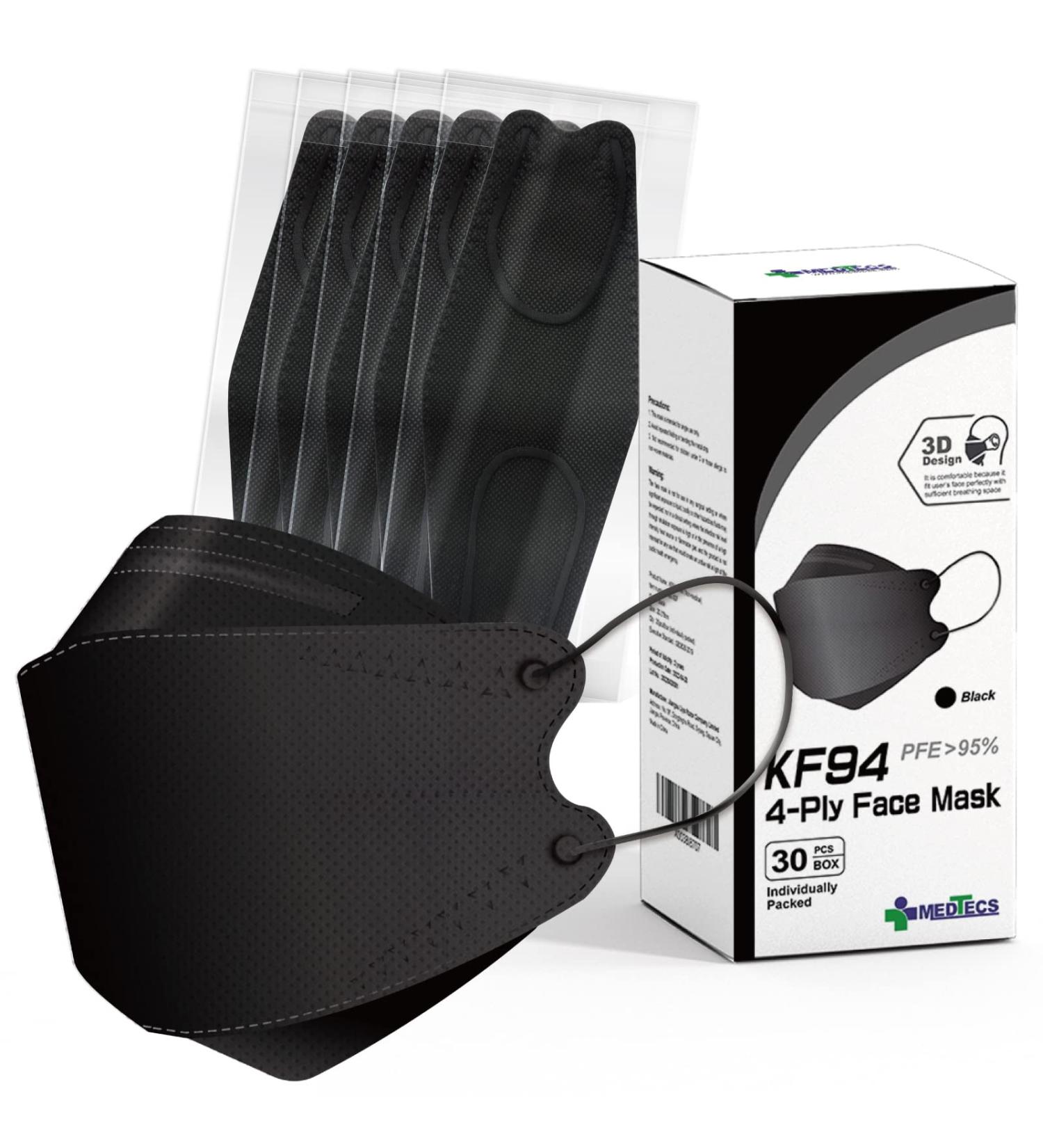 Medtecs KF94 Mask - 30 PCS - Korean Imported Filter - Individually Wrapped - Black - Breathable Safety Mask - Buy Online on GoSupps.com