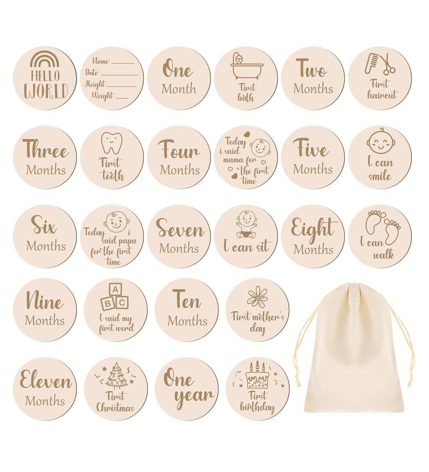 Partideal 13pcs Baby Monthly Wooden Cards with Storage Bag | Baby Milestone & Pregnancy Growth Circles - Double Sided | 10cm Round - Buy Online on GoSupps.com