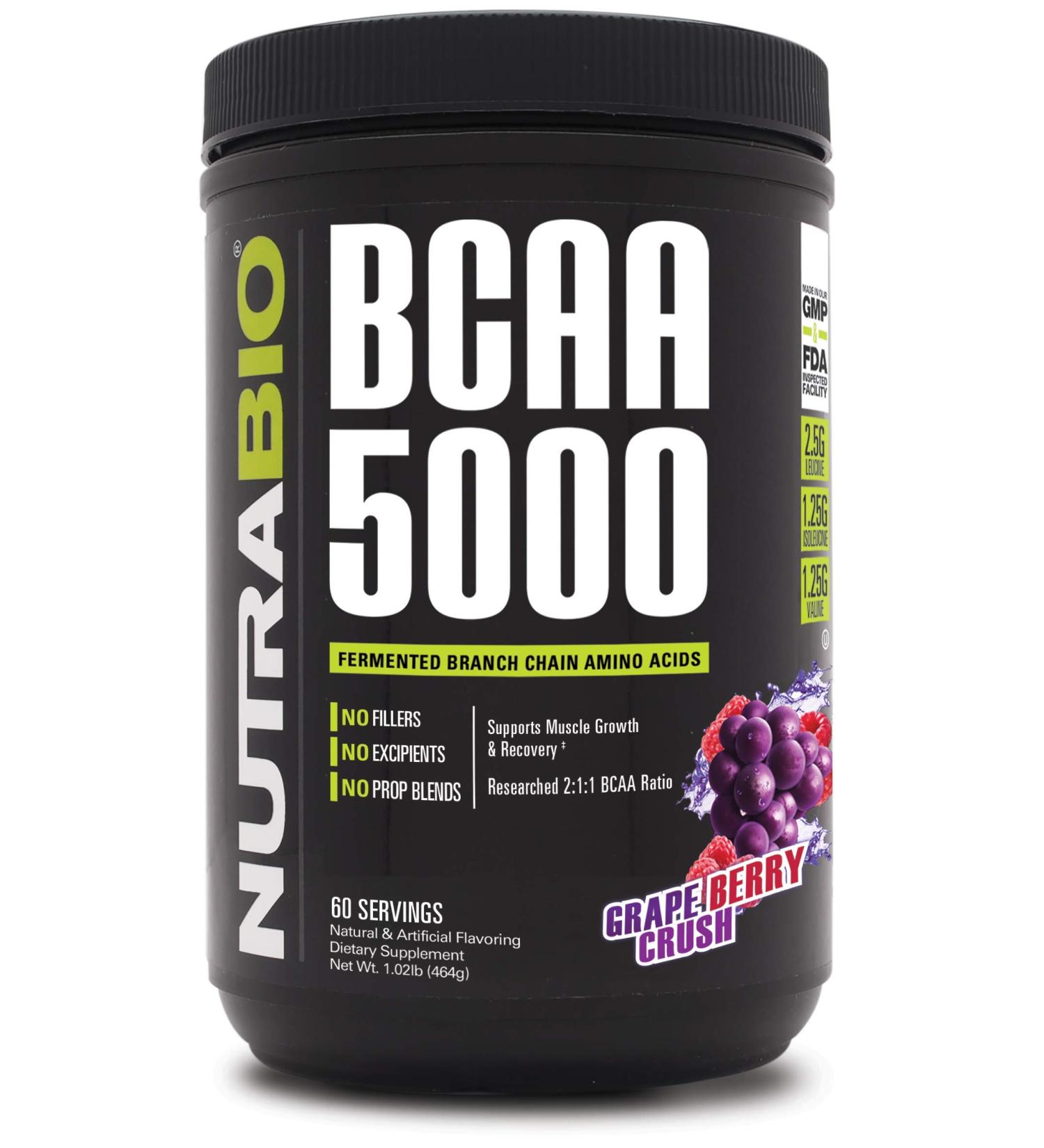 NutraBio BCAA 5000 Powder - Vegan Fermented BCAAs for Lean Muscle Growth & Recovery - Grape Berry Crush - 60 Servings - Buy Online on GoSupps.com