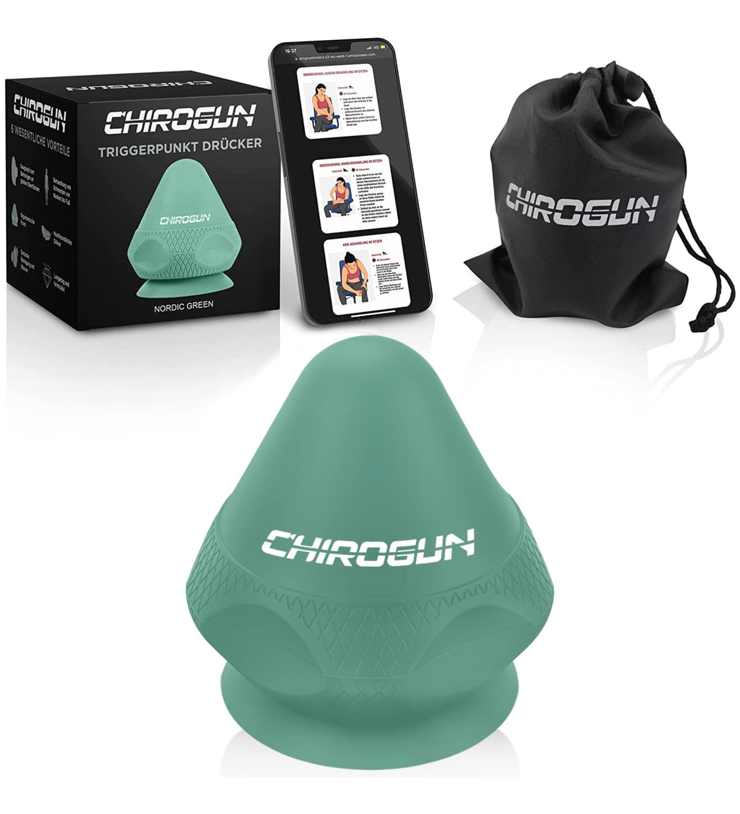 Chirogun Trigger Point Presser | Suction Cup & Bag | Self-Massage for Neck Back & Shoulder Pain Relief | Digital Instructions | Deep Tissue Massage Ball - Nordic Green - Buy Online on GoSupps.com