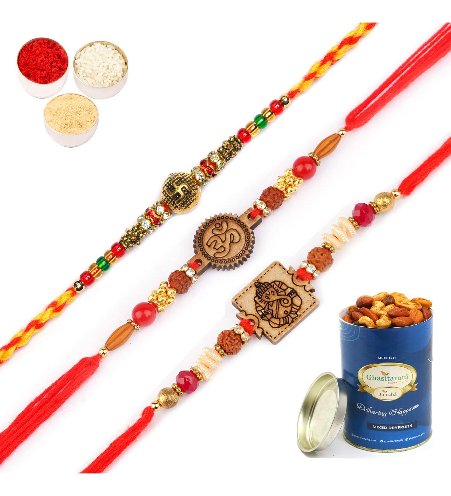 Ghasitaram Gifts Rakhi for Brother Rakhis Online - Set of 3-2035 2033 2147 Rakhi Threads with 100 GMS of Dryfruits Mix Can - Buy Online on GoSupps.com