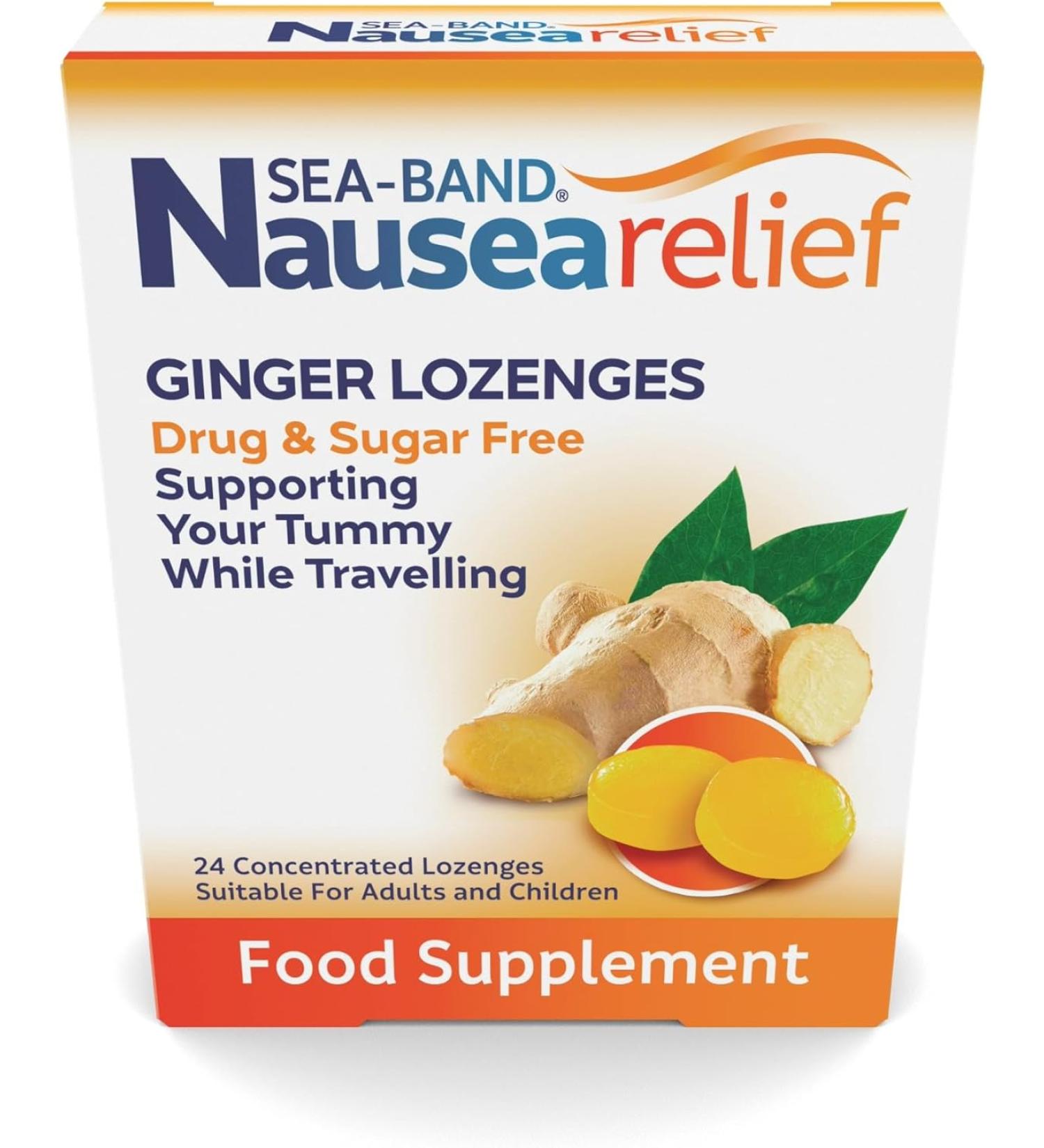 Sea-Band Nausea Relief Sugar Free for Motion and Travel Sickness - Ginger Lozenges - 24 Gummies - Buy Online on GoSupps.com