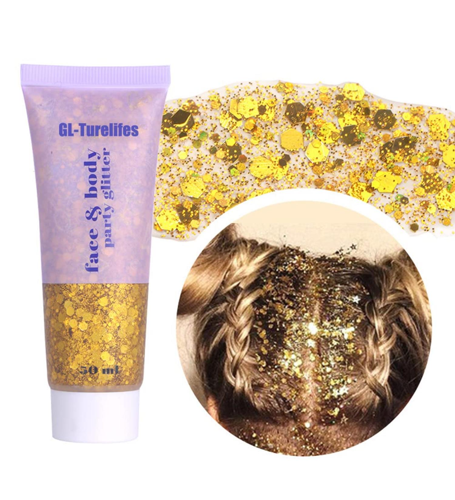 GL-Turelifes Chunky Glitter Gel 50ml - Long Lasting Festival Cosmetic Glitter for Face, Hair, Nails & Makeup - Easy to Apply and Remove - Gold (#02) - Buy Online on GoSupps.com