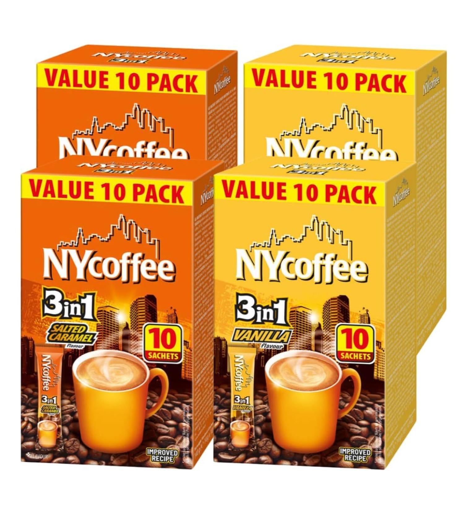 Coffee Bundle Consisting of NY Coffee 3 in 1 Salted Caramel 10 Sachets x2 & Vanilla 10 Sachets x2 (4 Pack) - Buy Online on GoSupps.com