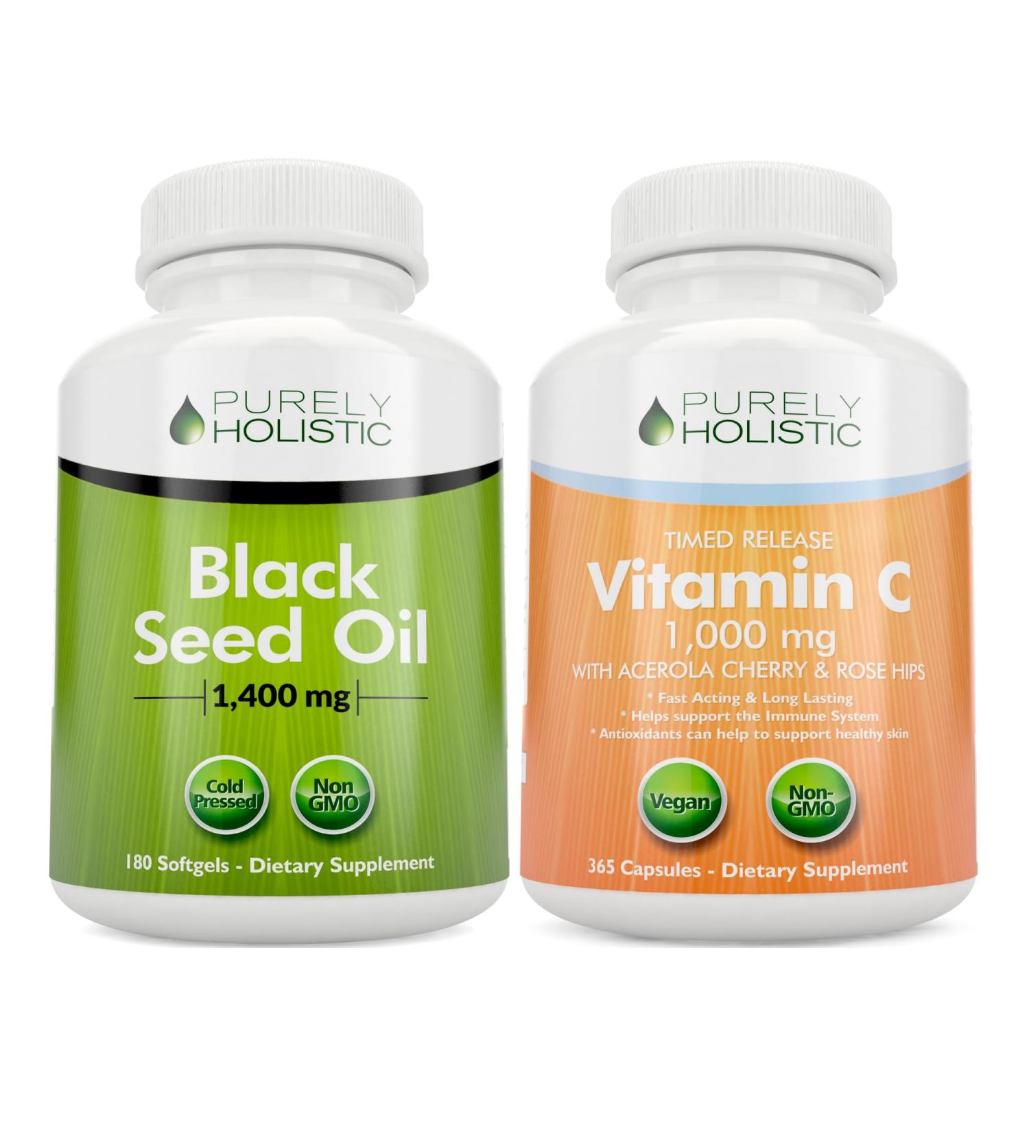 Purely Holistic Black Seed Oil 1400mg + Vitamin C 1000mg - 180 Softgels + 365 Capsules - Immune Bundle - Easy to Swallow - Made in USA - Buy Online on GoSupps.com