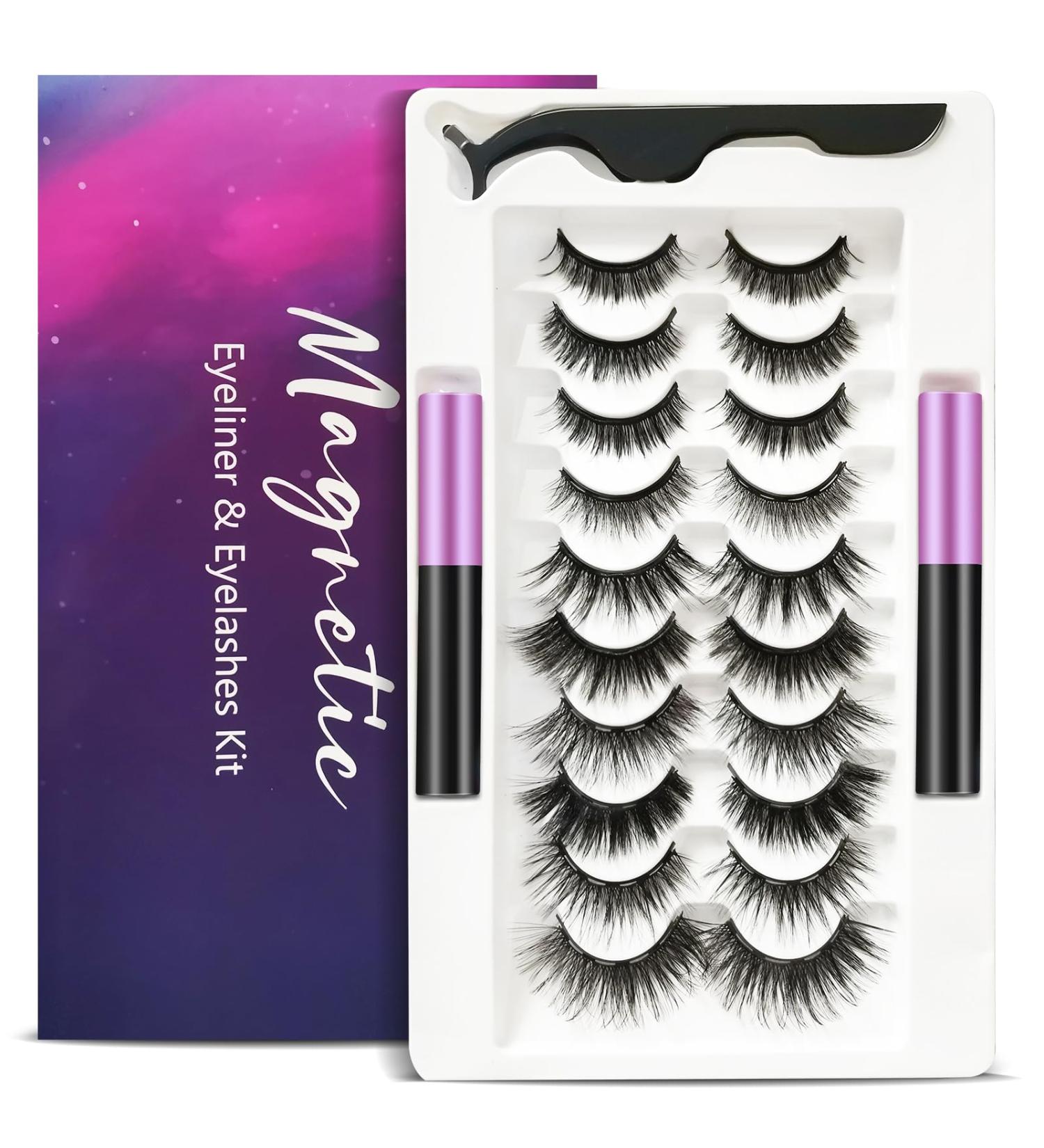 Magnetic Eyelashes Kit - 10 Pairs Reusable Lashes Natural Look Includes Tweezers & Magnetic Eyeliner - Easy Wear No Glue Purple - Buy Online on GoSupps.com
