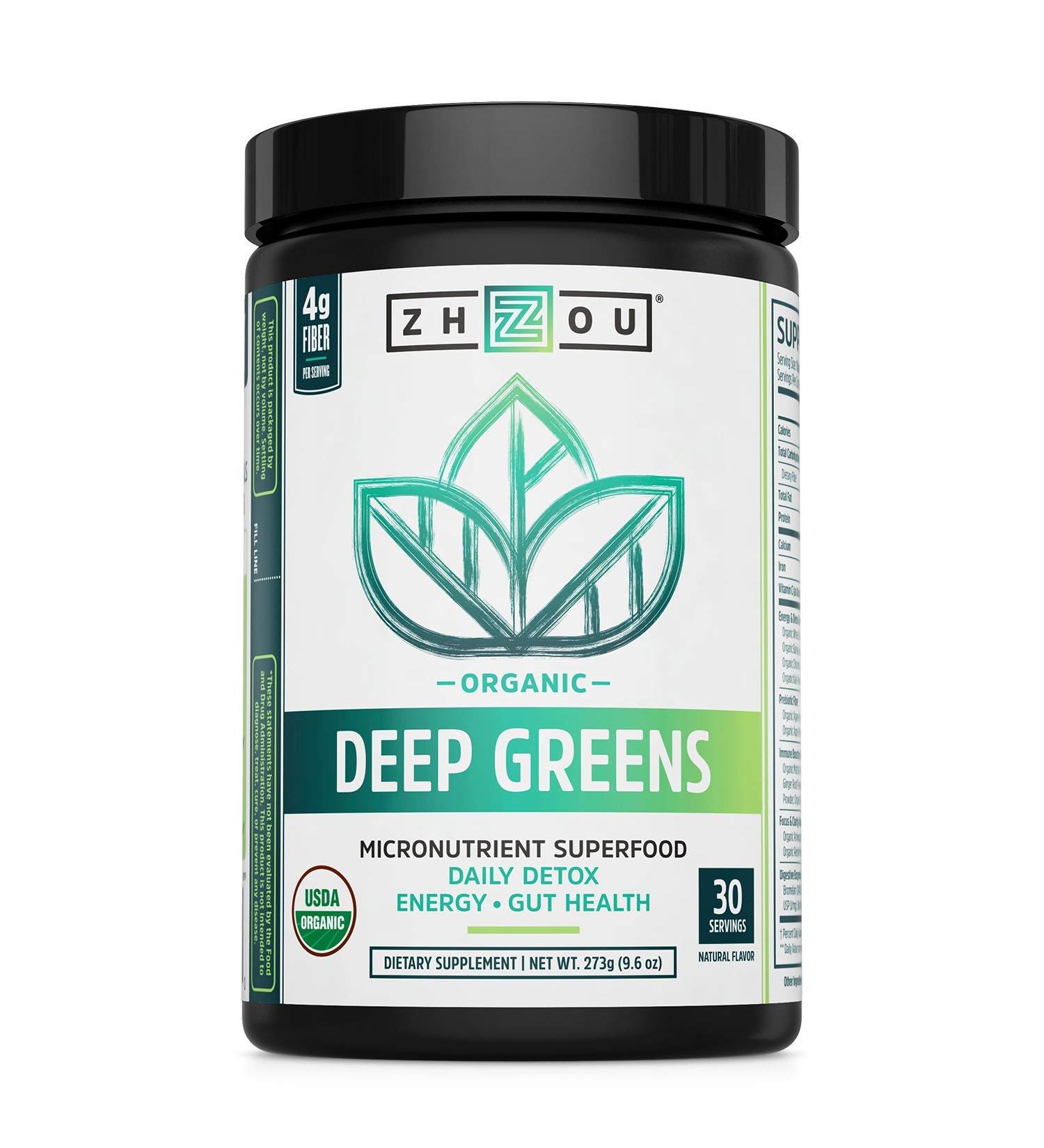 Zhou Deep Greens Organic Morning Complete Prebiotic Probiotic Powder 9.6 oz | Wheatgrass Spirulina Maca Blend - Buy Online on GoSupps.com