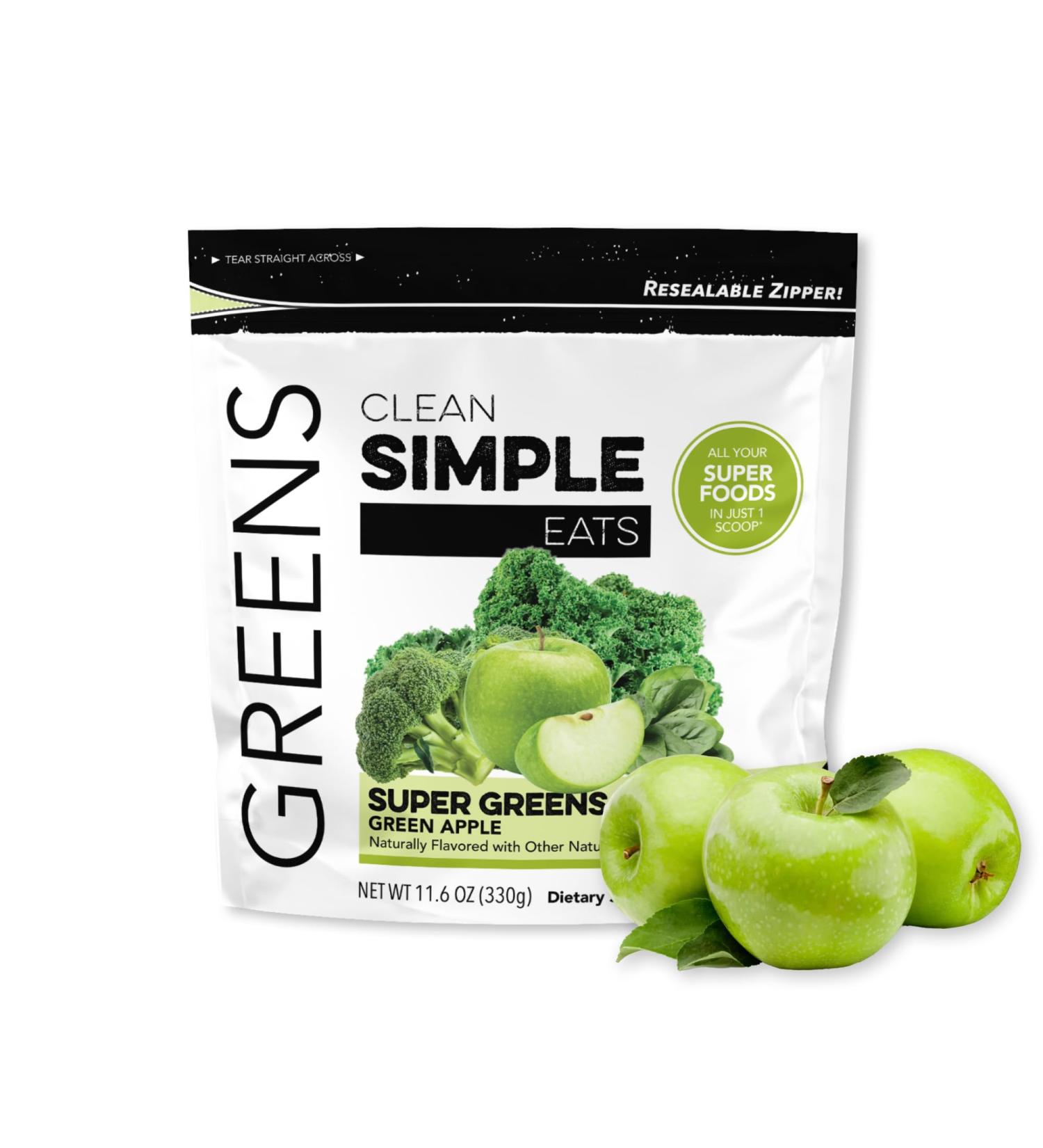 Clean Simple Eats Super Greens Powder, Naturally Flavored Greens Powder with Chlorella, Spirulina, Superfoods & Prebiotic Fiber, No Artificial Ingredients, Gluten Free, Green Apple Flavor, 30 Servings Green Apple 11.06 Ounc  - Buy Online on GoSupps.com