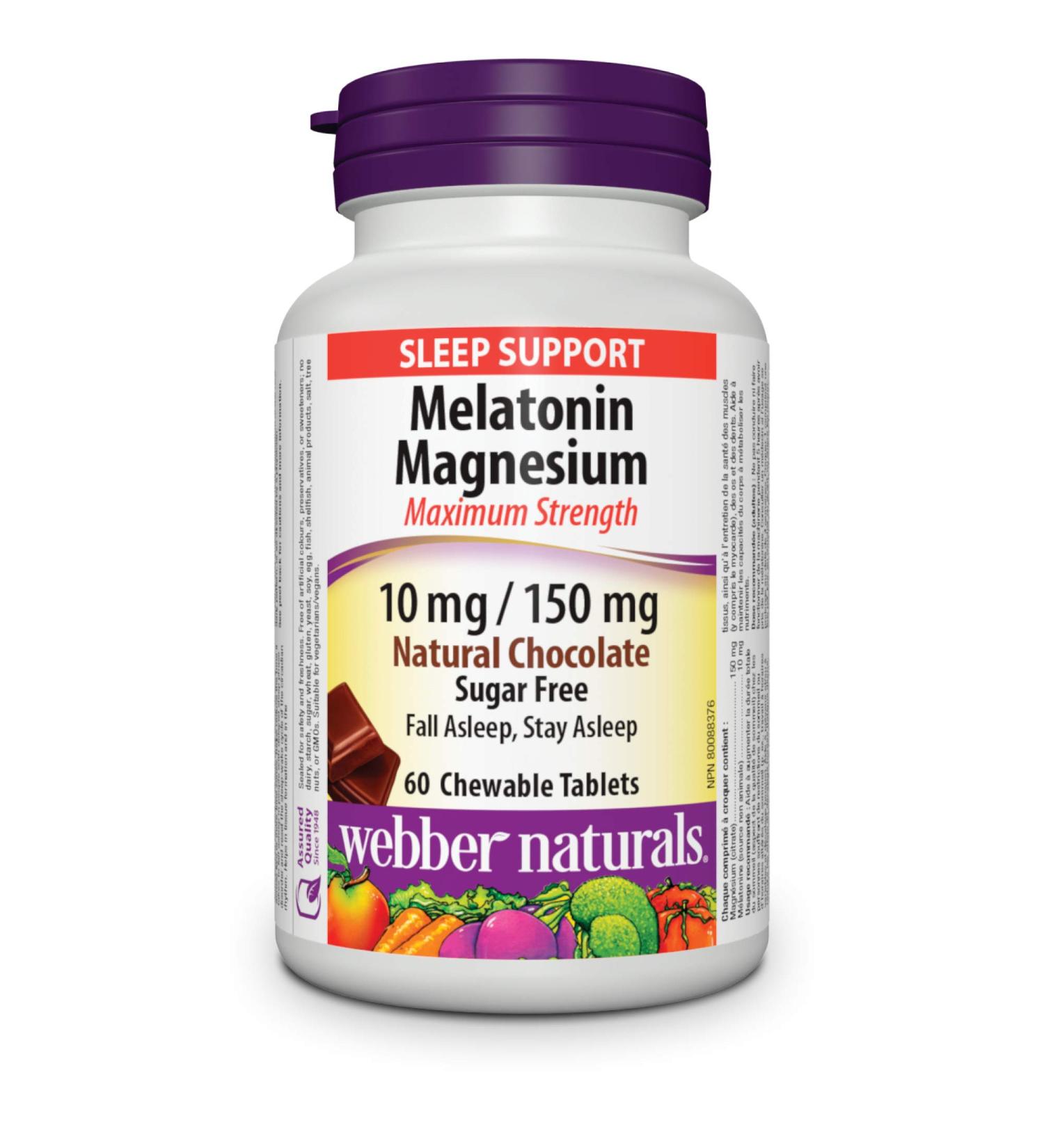 Webber Naturals Melatonin 10 mg with 150 mg of Magnesium 60 Chewable Chocolate Flavour Tablets For Sleep Support Muscle Function and Relaxation Vegan - Buy Online on GoSupps.com