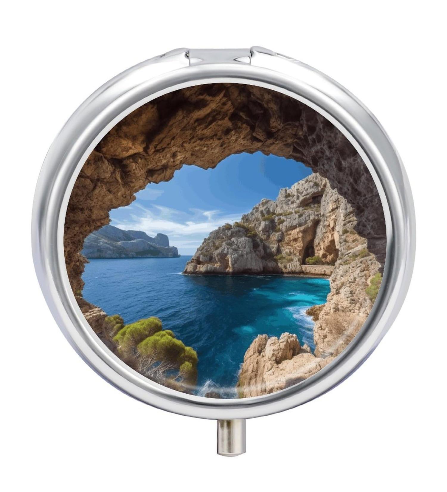 Round Pill Box with Mallorca Spain Print - 3 Compartment Metal Pill Organizer | Decorative & Portable Pocket Pill Case - Buy Online on GoSupps.com