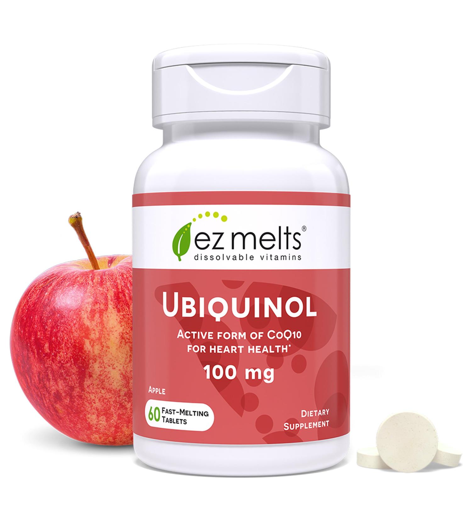 EZ Melts Ubiquinol 100 mg - CoQ10 Supplement for Heart Health & Energy Support - Antioxidant Protection - No Artificial Flavors - Non-GMO & Vegan - Apple - 60 Dissolvable Tablets (60 Servings) 60 Count (Pack of 1) - Buy Online on GoSupps.com