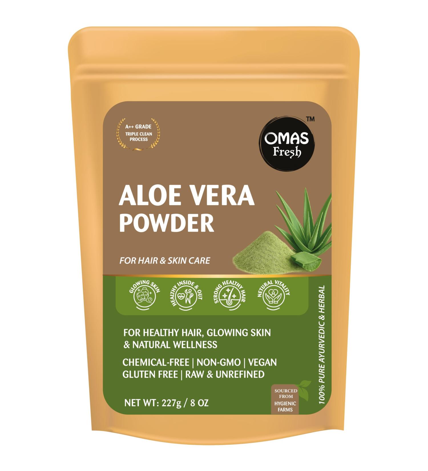 Omas Fresh 100% Pure Aloe Vera Powder 227g | Natural Multipurpose Herbal Powder | Ideal for DIY Face Hair & Body Care | Chemical-Free & Non-Toxic - Buy Online on GoSupps.com