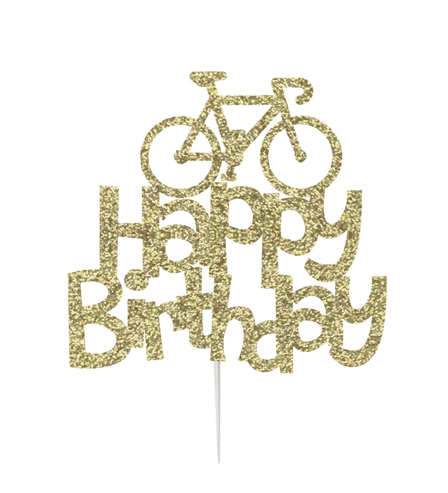 LissieLou Happy Birthday Cake Topper Glitter Card with Bicycle Decoration - Gold  - Buy Online on GoSupps.com