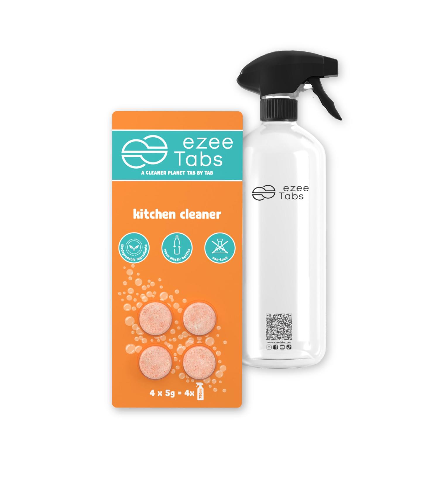 EzeeTabs Kitchen Cleaner - Cleaning Tablets for Microplastic-free Biodegradable and Vegan Cleaning Products - 4 x Cleaner with Degreasing Power and 1 x Reusable Bottle - Buy Online on GoSupps.com