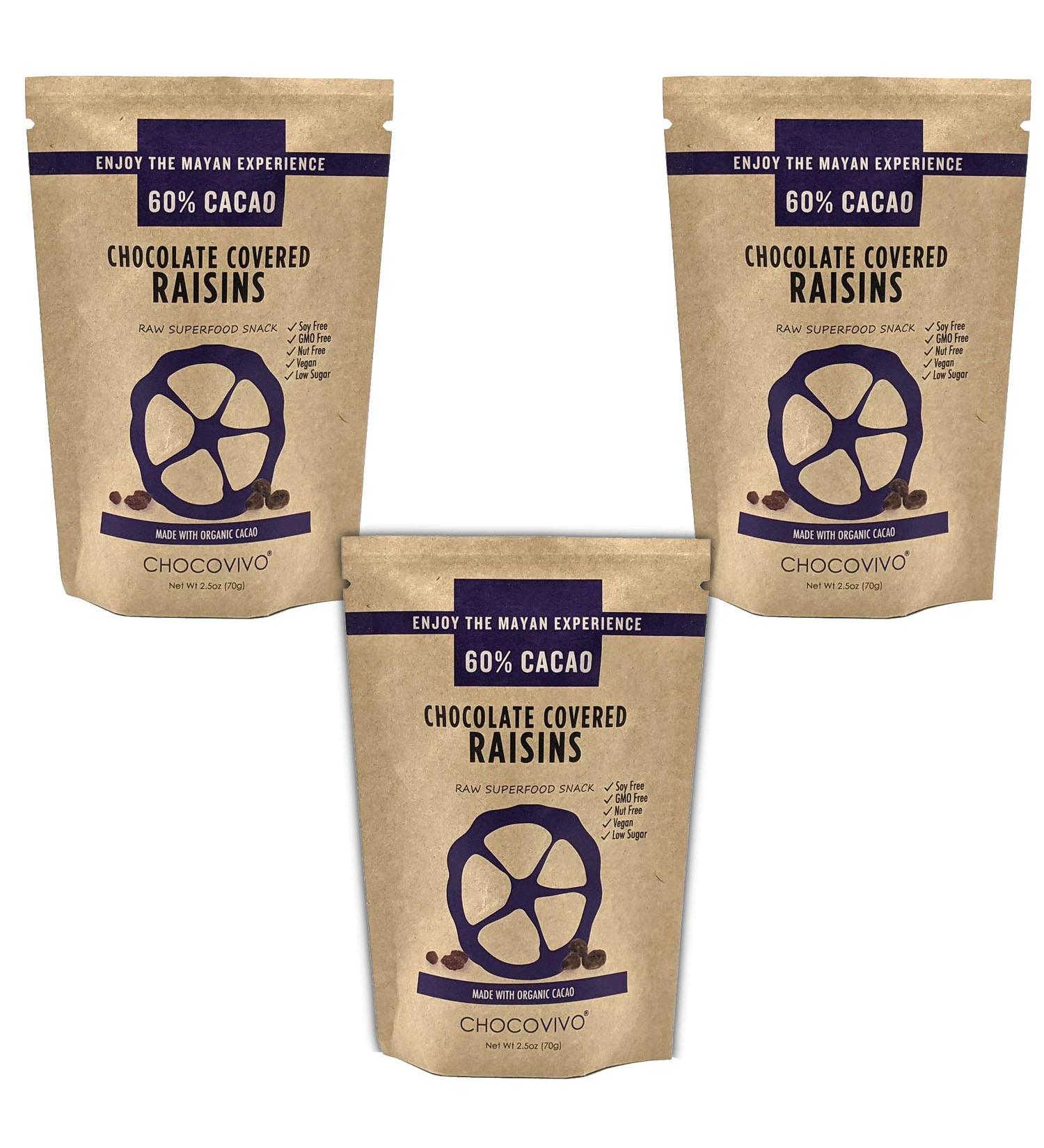 ChocoVivo Dark Chocolate Covered Raisins 60% Cacao, Superfood Snack - Paleo + Keto Friendly, 2.5 Ounces - 3pack