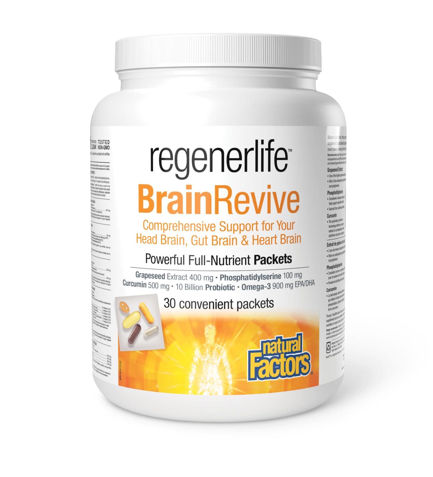 Natural Factors Regenerlife BrainRevive 30 convenient packets Five-in-One Supplement Kit Daily Full-Nutrient Packets Contain: Phosphatidylserine Bioavailable Curcumin Omega-3 EPA/DHA Grapeseed Extract and High-Potency Five-Strain Probiotics Supports Your  - Buy Online on GoSupps.com