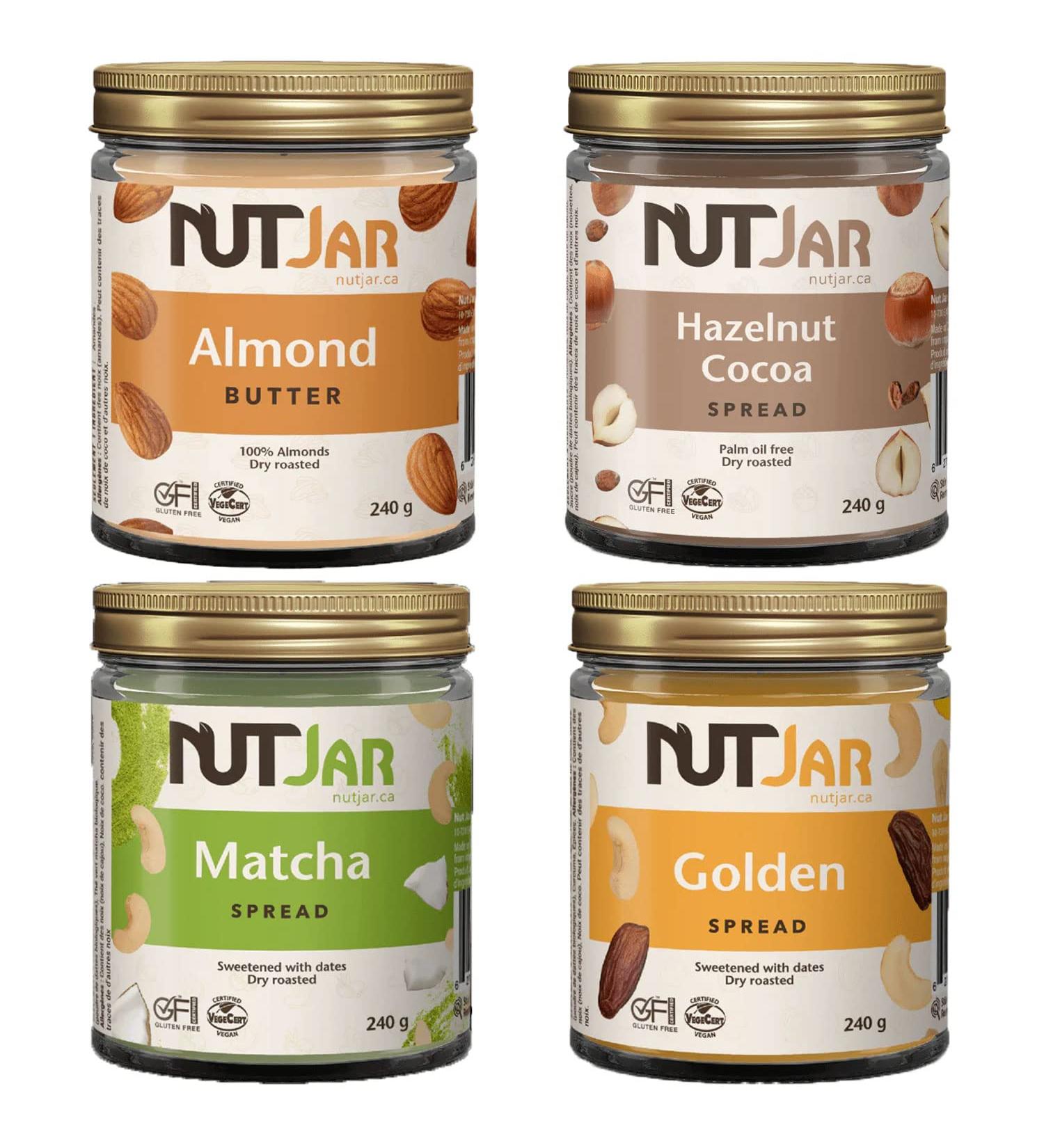 NutJar 4 x 240g Variety Pack Premium Nut Butters and Spreads Almond Butter Hazelnut Cocoa Spread Matcha Spread and Golden Spread No Artificial Colours or Preservatives Vegan Gluten Free Made in Canada - Buy Online on GoSupps.com