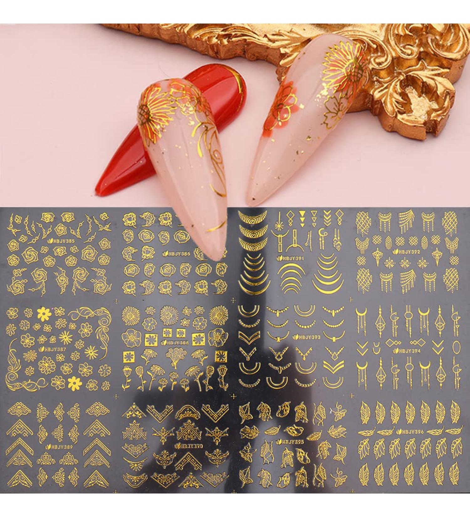 3D Metallic Gold Nail Stickers for Acrylic Nails - Self Adhesive Decals with Flowers, Leaves, and Lines - 12 Styles - Nail Art Supplies for Women, Girls, Kids - Buy Online on GoSupps.com