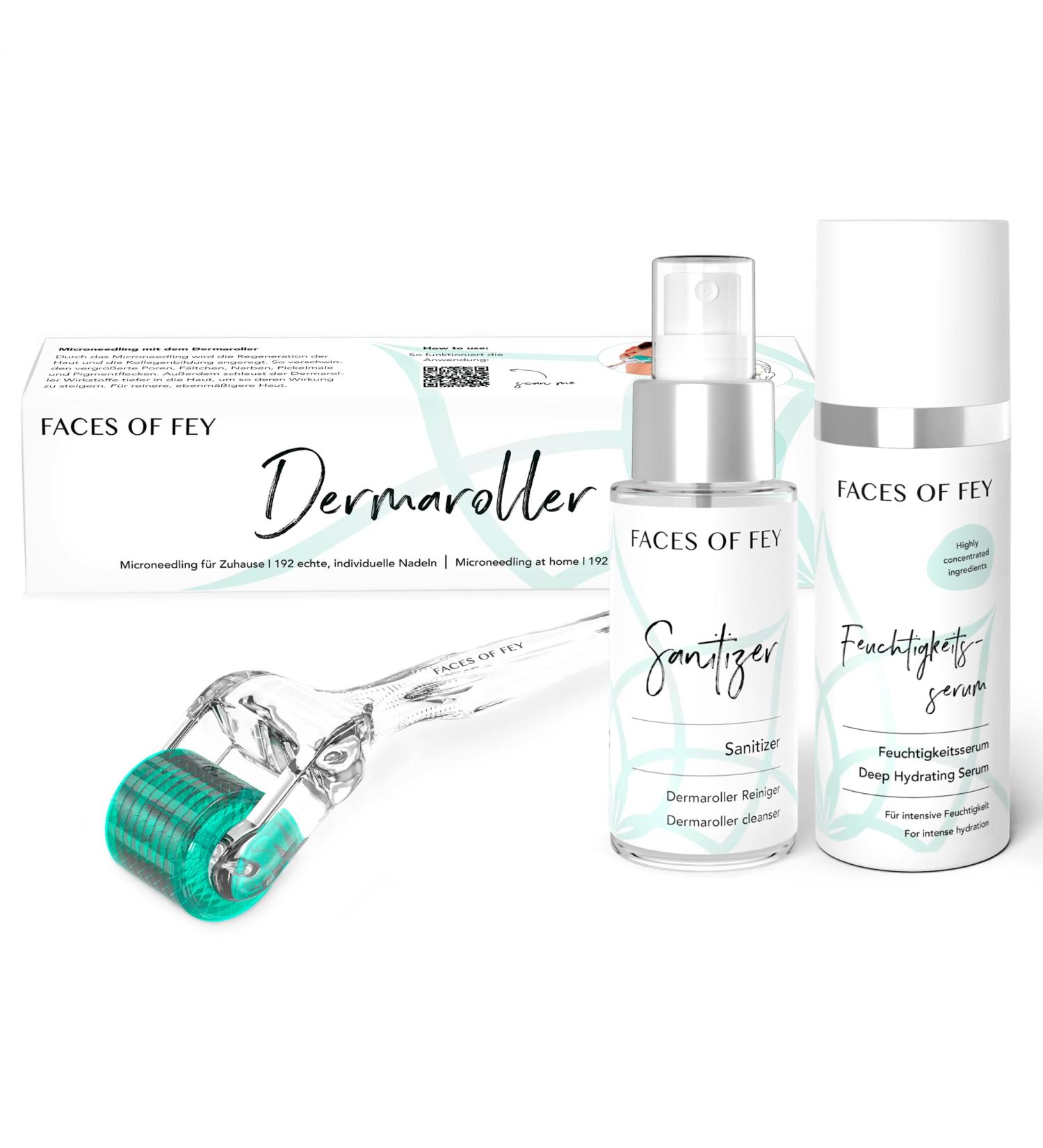 Microneedling Set Faces of Fey - 192 Real Needles Dermaroller Hyaluron Serum & Sanitizer - 0.5mm Nadel Roller for Face & Body Tightening & Modeling - Buy Online on GoSupps.com