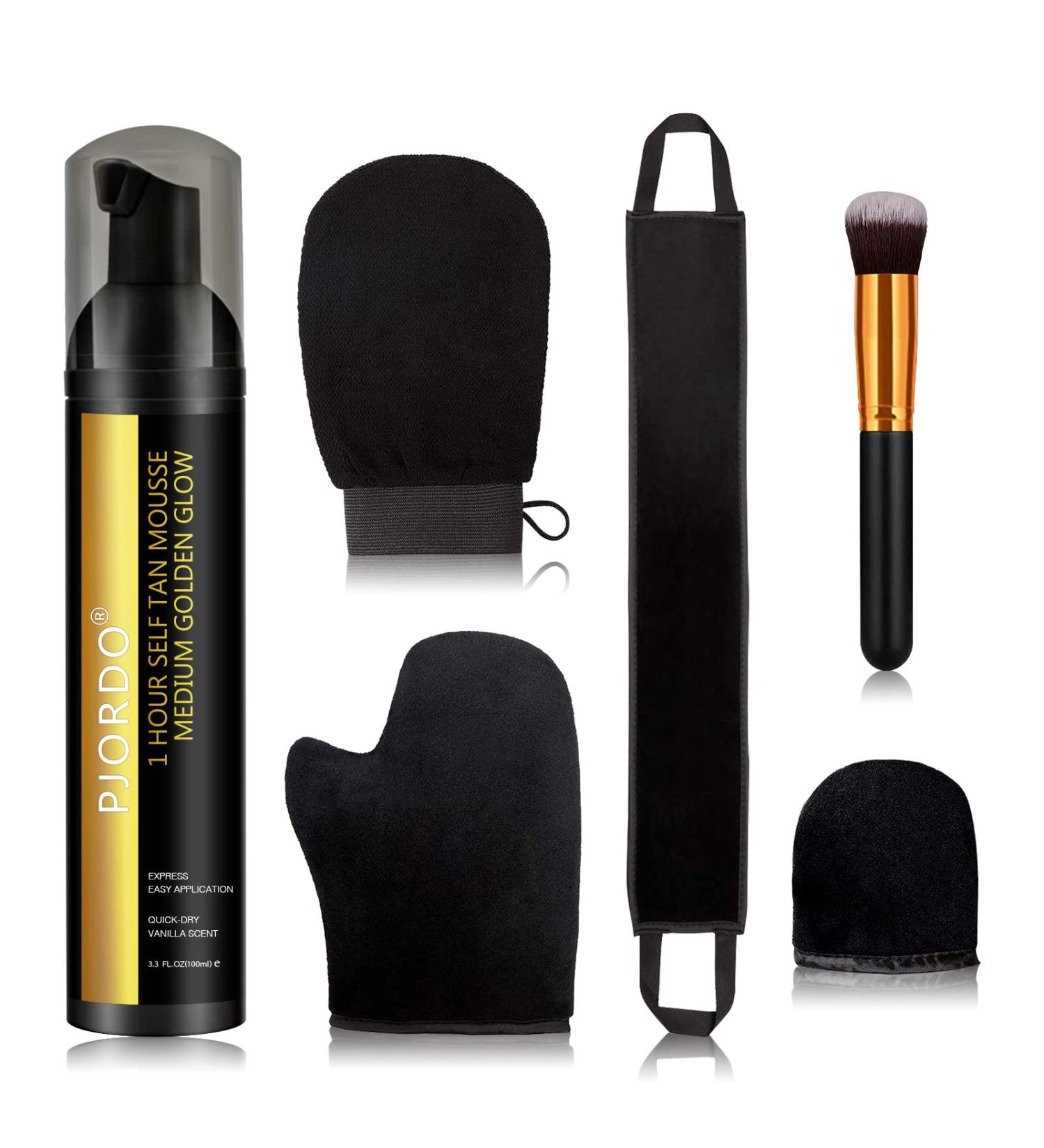 Pjordo Self Tanner Set | Self Tanner Mousse & 5 PCS Applicator Kit | 1 Hour Sunless Tanner | Long Lasting & Fast Self Tan | Vegan & Cruelty Free - Buy Online on GoSupps.com
