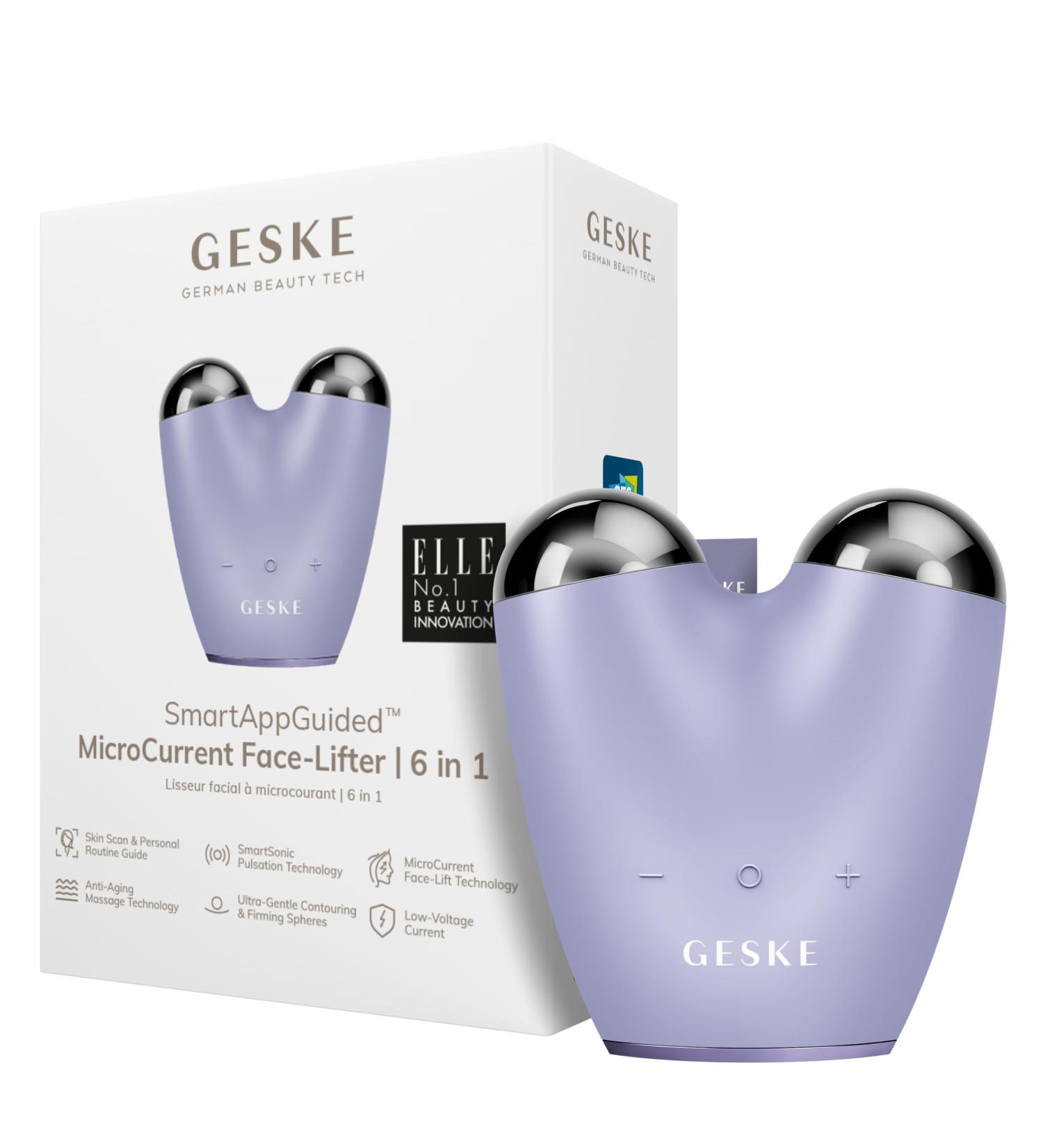 Geske SmartAppGuided Microcurrent Face-Lifter | 6-in-1 Anti-Aging Device | Facial Lifting & Jawline Trainer | Purple Double Chin Remover - Buy Online on GoSupps.com