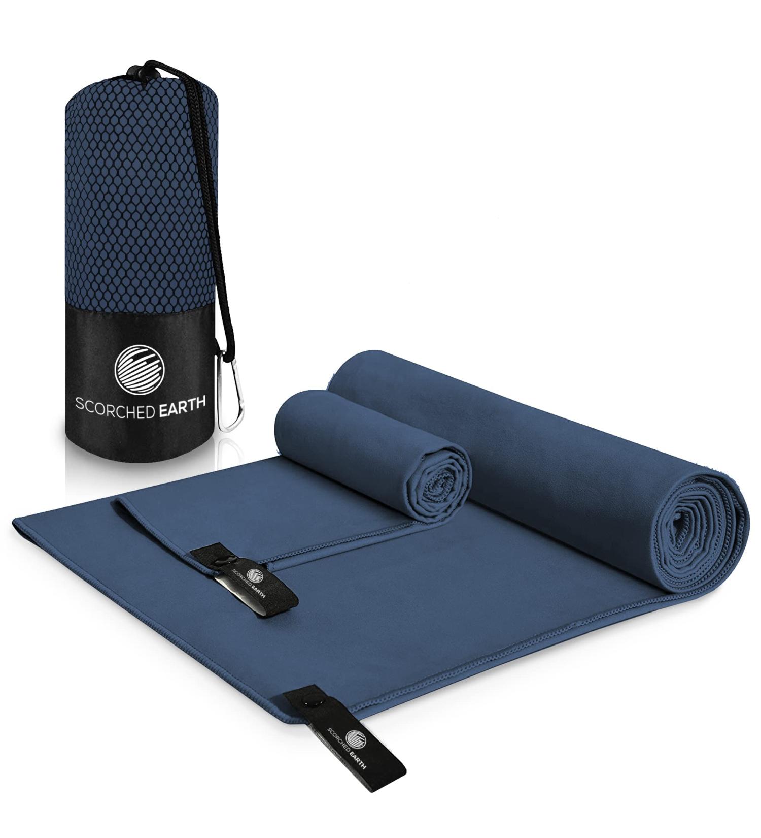 ScorchedEarth Microfiber Travel Towel Set - Quick Dry, Super Absorbent - Compact & Lightweight for Camping, Hiking, Beach - Includes 2 Sizes + Carrying Bag & Clip - True Navy Medium Set - Buy Online on GoSupps.com