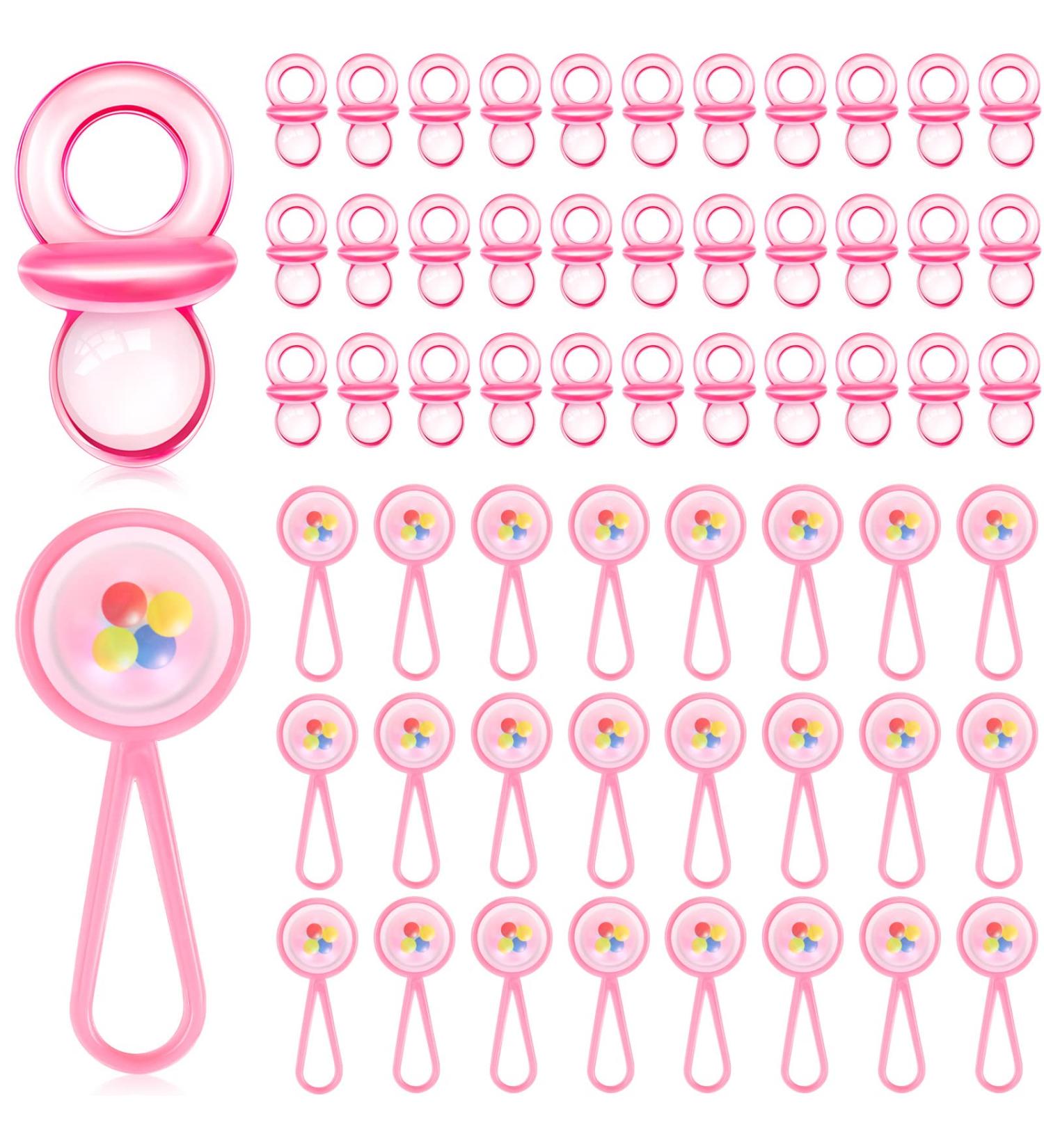 50 Pink Acrylic Baby Pacifiers & 60 Mini Plastic Rattle Set | Baby Shower & Birthday Party Favors - Buy Online on GoSupps.com
