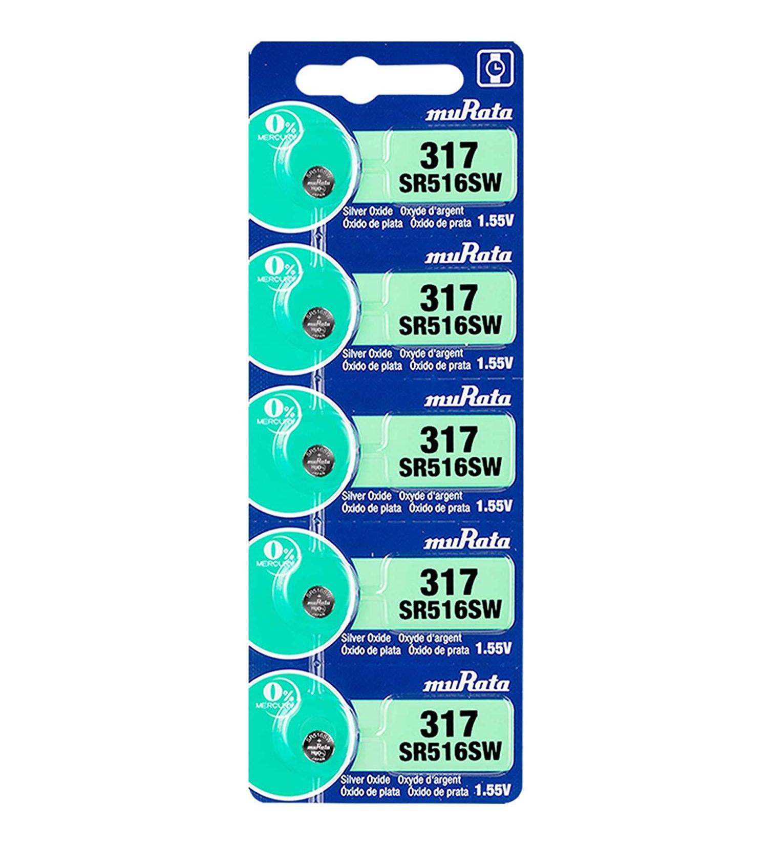Murata 317 Battery SR516SW 1.55V Silver Oxide Watch Button Cell (5 Batteries)