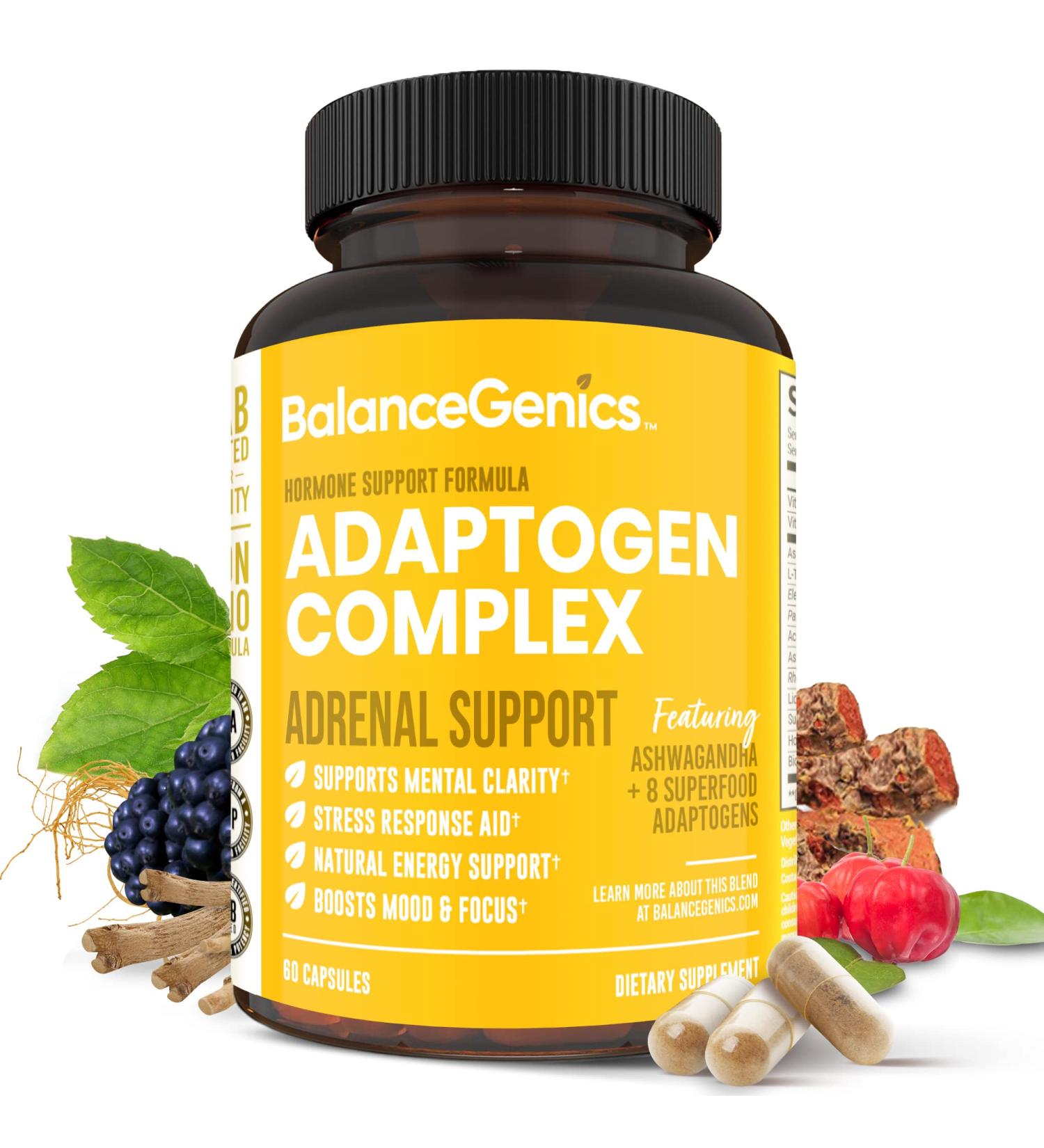 BalanceGenics Adrenal Support Supplement with Ashwagandha, Holy Basil, Rhodiola Rosea | Supports Healthy Cortisol Levels and Stress Relief, Reduce Fatigue | 60 Capsules - Buy Online on GoSupps.com
