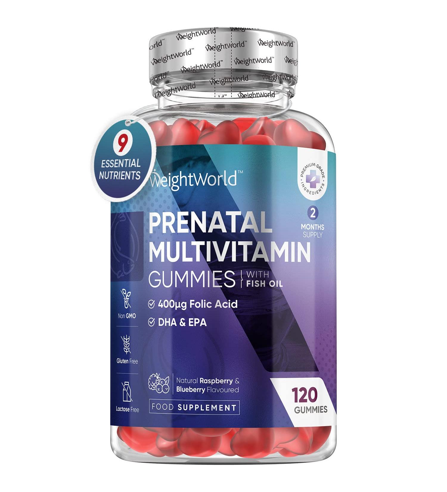 Prenatal Gummies with EPA & DHA | 2 Month Supply | Folate, Omega-3, 9 Essential Minerals | Natural Raspberry & Blueberry Flavor | Pregnancy Vitamins - Buy Online on GoSupps.com