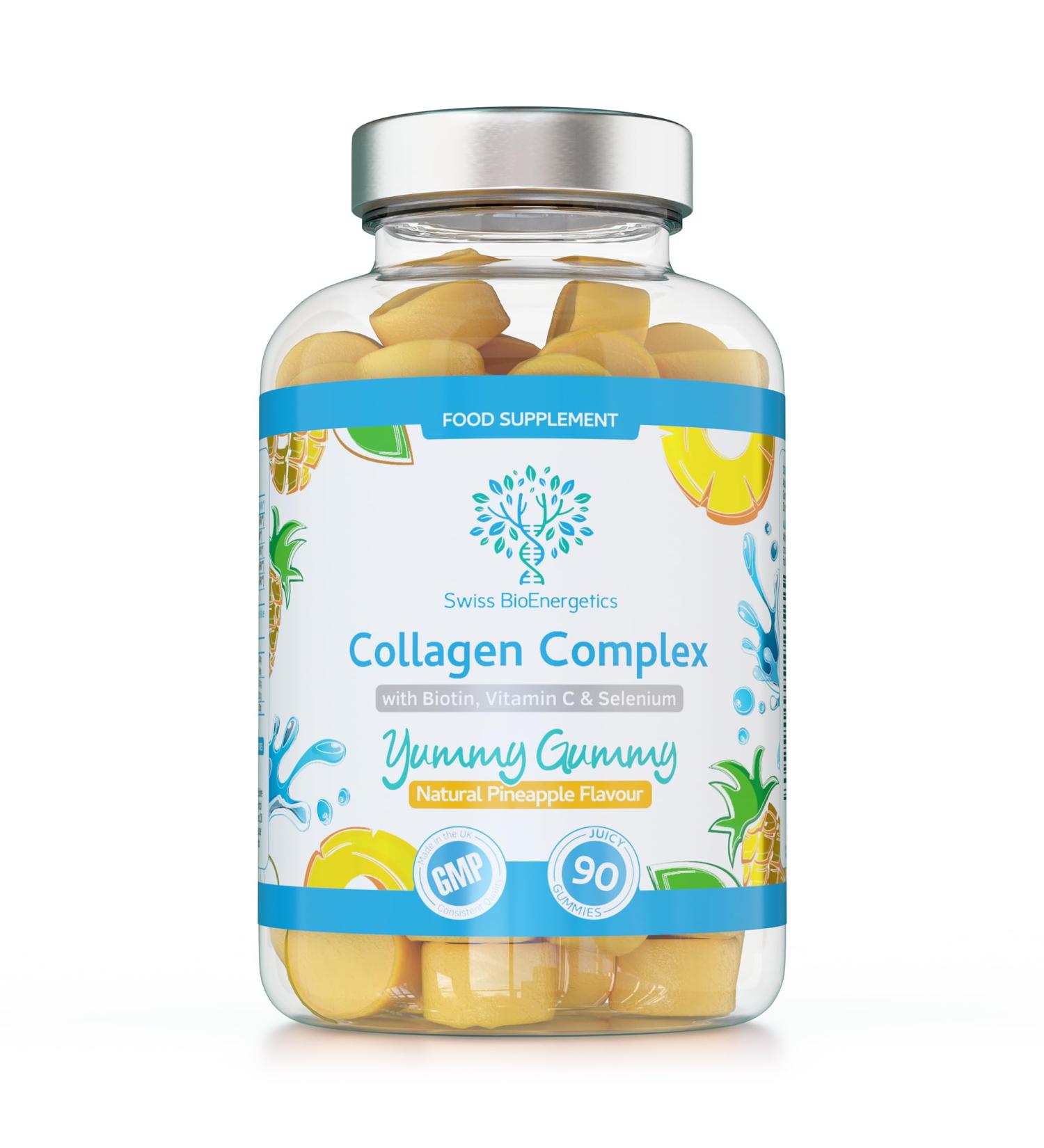 Collagen Complex - 90 Natural Pineapple Flavour Chewable Yummy Gummies - One a Day 500mg Hydrolysed Collagen Biotin Vitamin C and Selenium Healthy Skin and Hair for Men and Women UK Made 90 Gummies - Buy Online on GoSupps.com