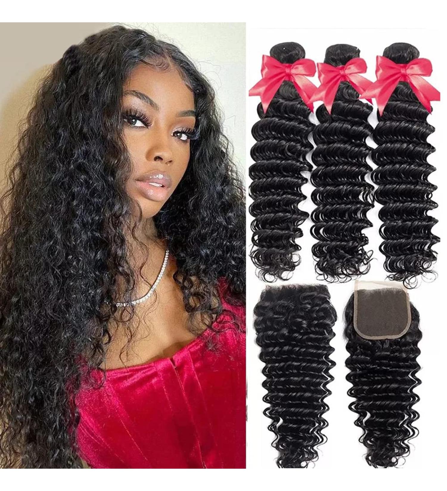 Mariska Deep Wave Brazilian 10A Human Hair Bundles with Closure - 3 Bundles + 4x4 Lace Closure - 100% Unprocessed Virgin Hair - Natural Color (24 26 28 + 20 Deep Wave) - Buy Online on GoSupps.com