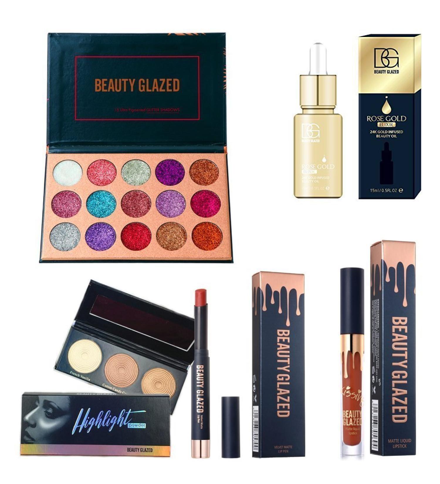 15 Color Pressed Glitter & Matte Eyeshadow Palette | 24K Gold Infused Beauty Oil & Lipstick Set - Global Shipping! - Buy Online on GoSupps.com