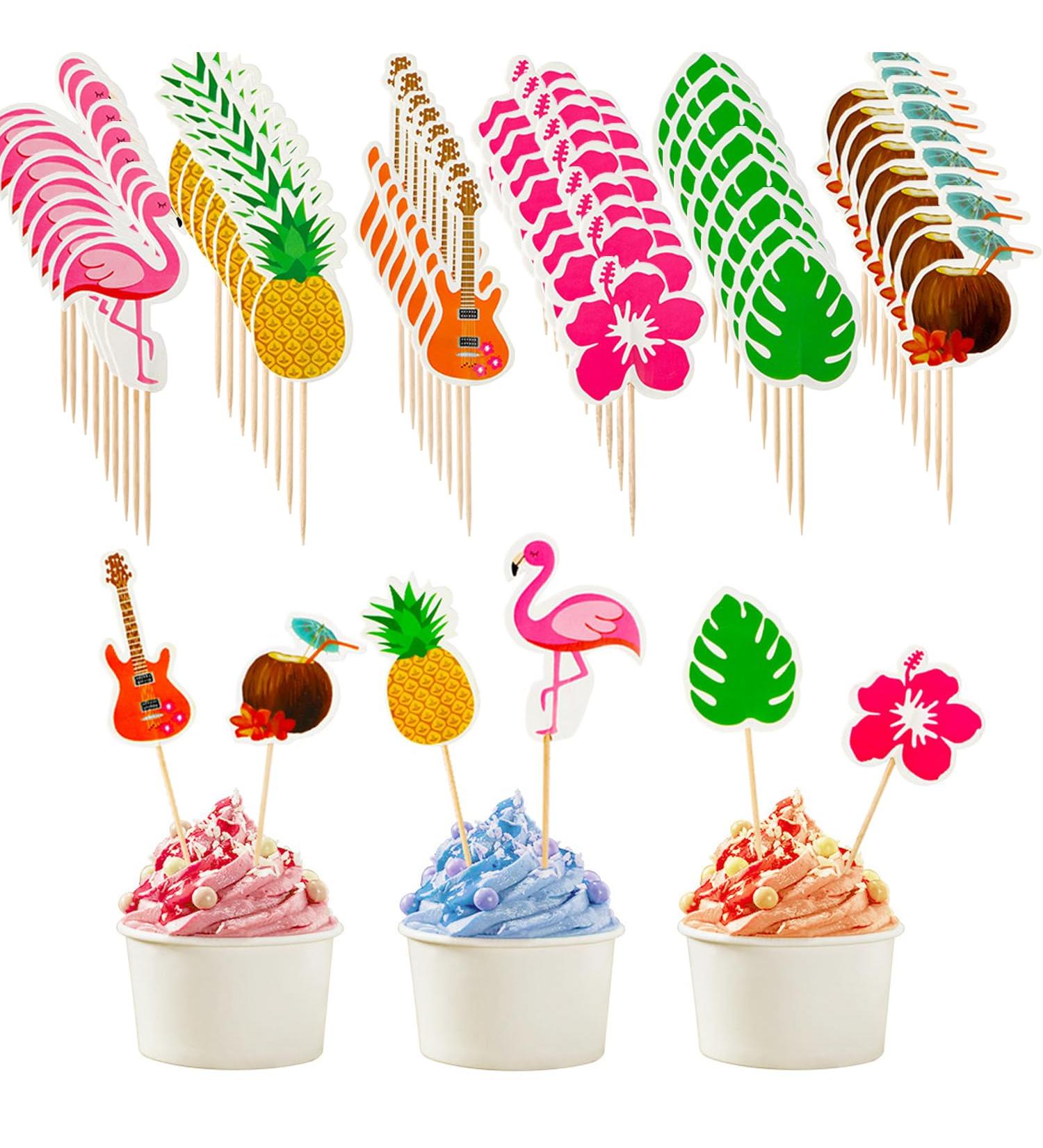 72 PCS Tropical Luau Cupcake Toppers Palm Tree Flamingo Pineapple Coconut Cupcake Picks Decorations for Hawaiian Summer Beach Theme Party Favors Supplies 6 Styles - Buy Online on GoSupps.com
