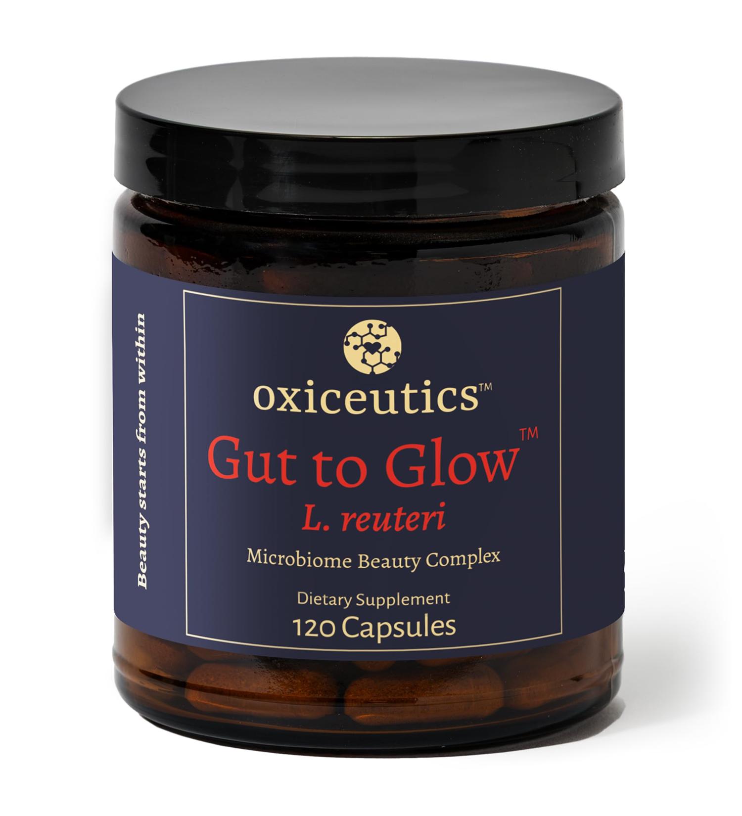 Oxiceutics Gut to Glow l reuteri probiotics by Author Dr. William Davis. Supports Gut-Skin-Axis with Marine Collagen & Hyaluronic Acid -Dr. formulated probiotics for Women - Buy Online on GoSupps.com