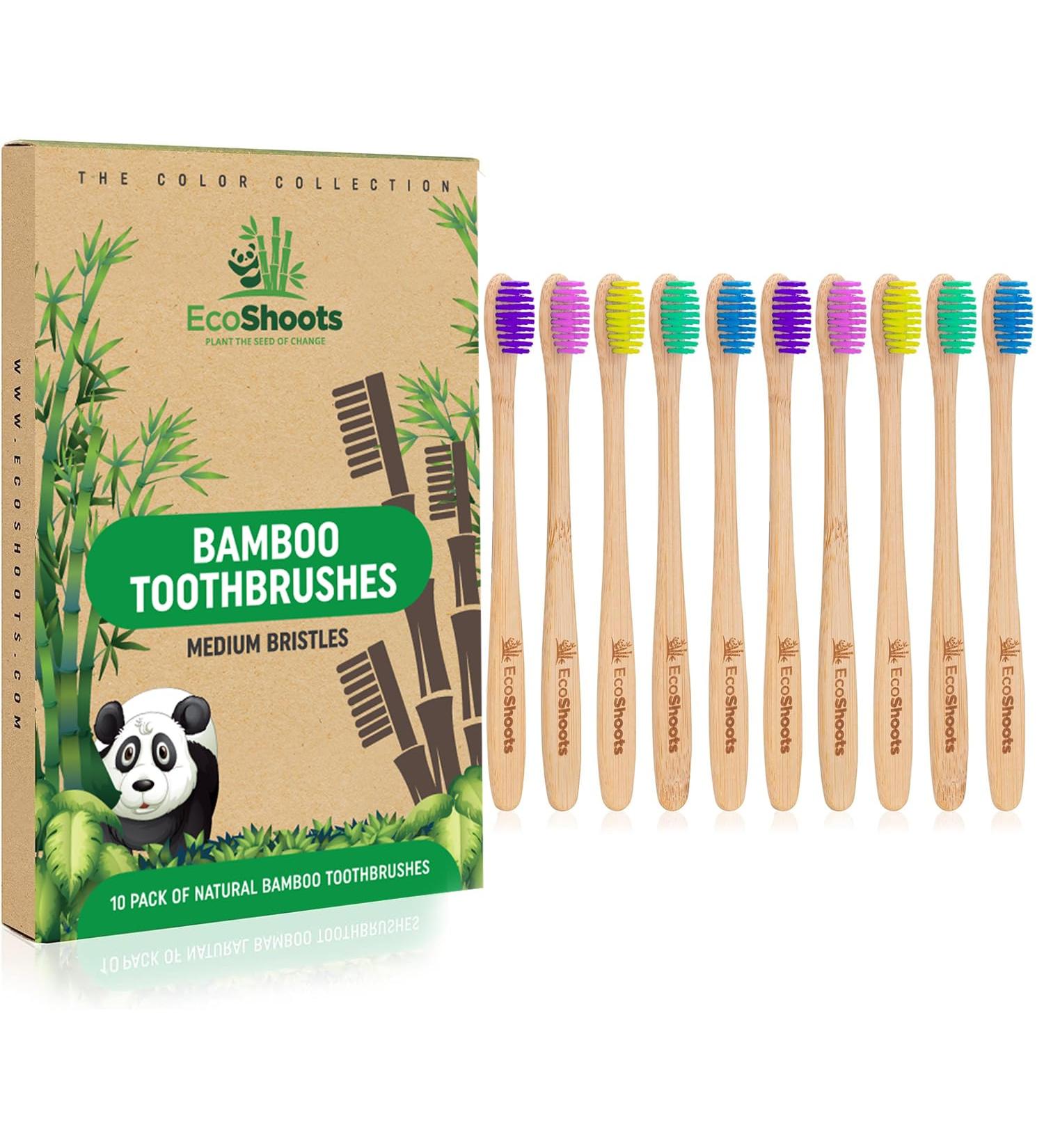 EcoShoots Adults Bamboo Toothbrushes with Medium Bristles - Family Pack of 10 Natural Bamboo Toothbrush - Eco-Friendly Natural Wooden Toothbrush - Organic Biodegradable Handle - BPA Free Tooth Brushes Medium 10 Pack - Buy Online on GoSupps.com