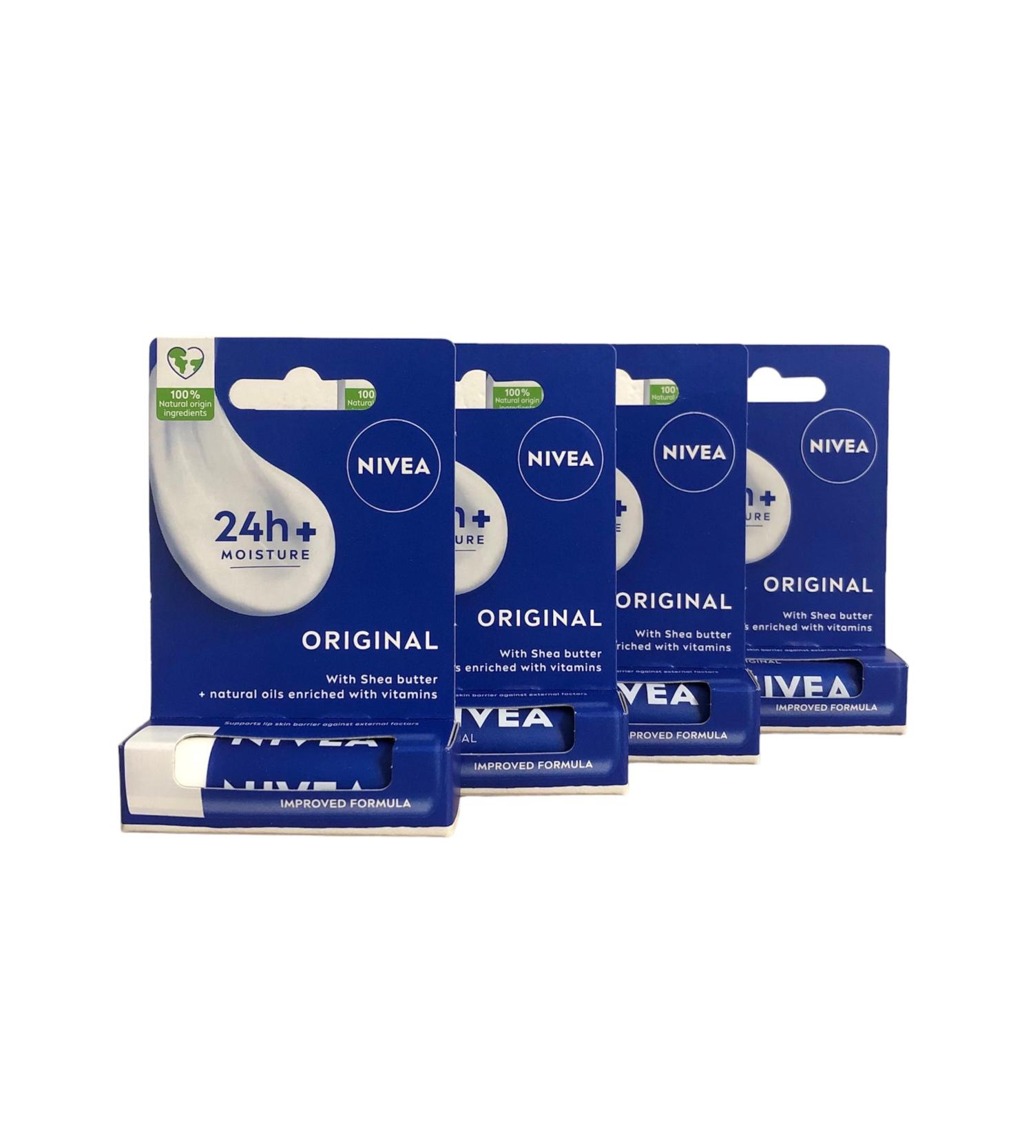 NIVEA Lip Balm Original Care Pack of 4 (4 x 4.8g) Protective Lip Moisturiser with Shea Butter and Natural Oils Caring Lip Balm for 24h Moisture Care Lip Care with Melt-In Formula Original 4.8 g (Pack of 4) - Buy Online on GoSupps.com