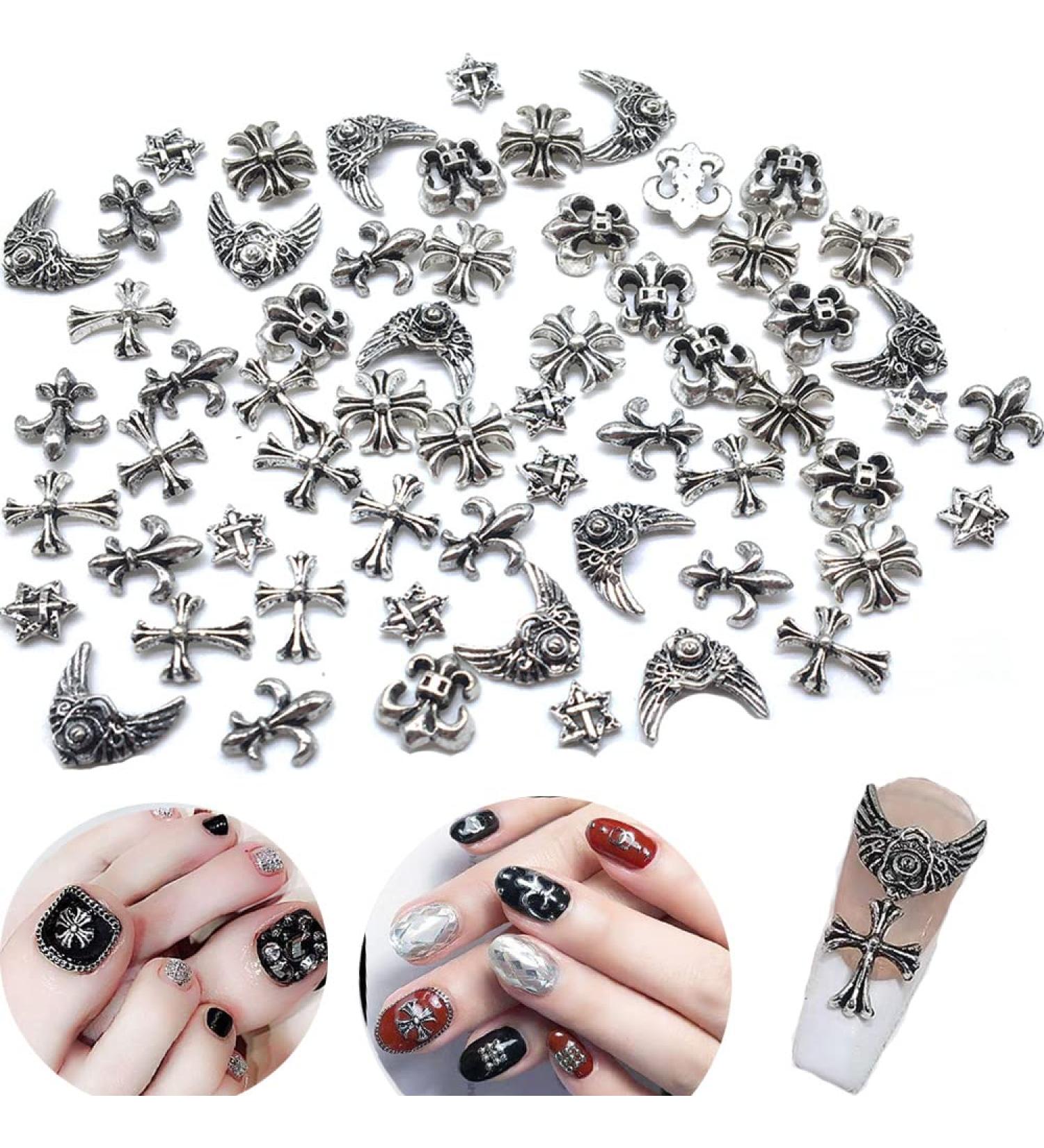 60pcs Metal Silver Cross Nail Charms | 3D Vintage Jewels for DIY Nail Craft | Bulk Decorations Kit - Buy Online on GoSupps.com