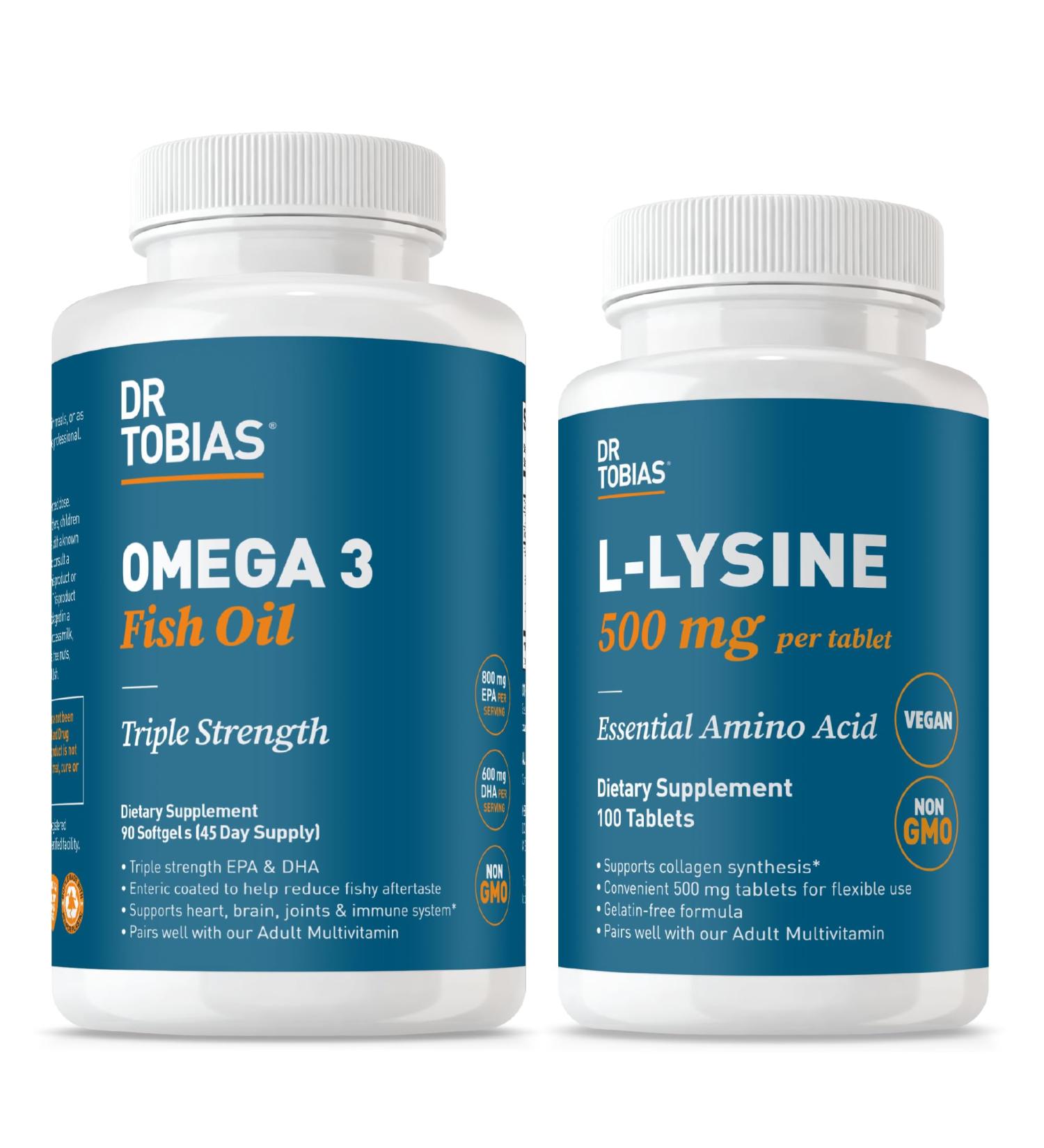 Dr. Tobias Omega 3 Fish Oil 2000 mg + L Lysine 500 mg Tablets Triple Strength EPA/DHA for Heart & Brain Support with Essential Amino Acid for Collagen & Skin Health - Buy Online on GoSupps.com