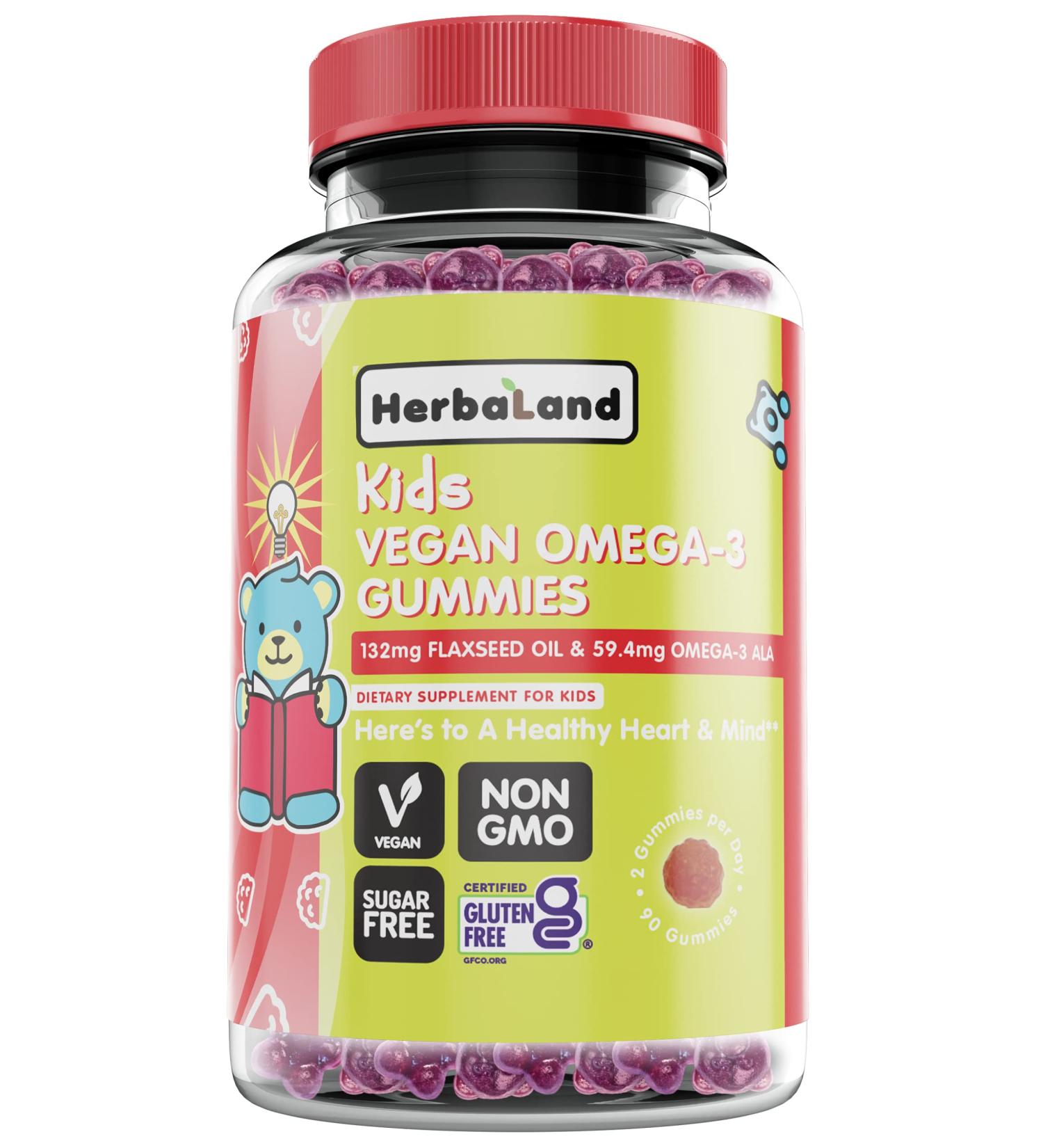 Herbaland Vegan Omega-3 Gummies for Kids - Sugar-Free Plant-Based Fish Oil Children's Vitamins - Flaxseed Oil Fatty Acids - Orange Flavor - 90 Count - Buy Online on GoSupps.com