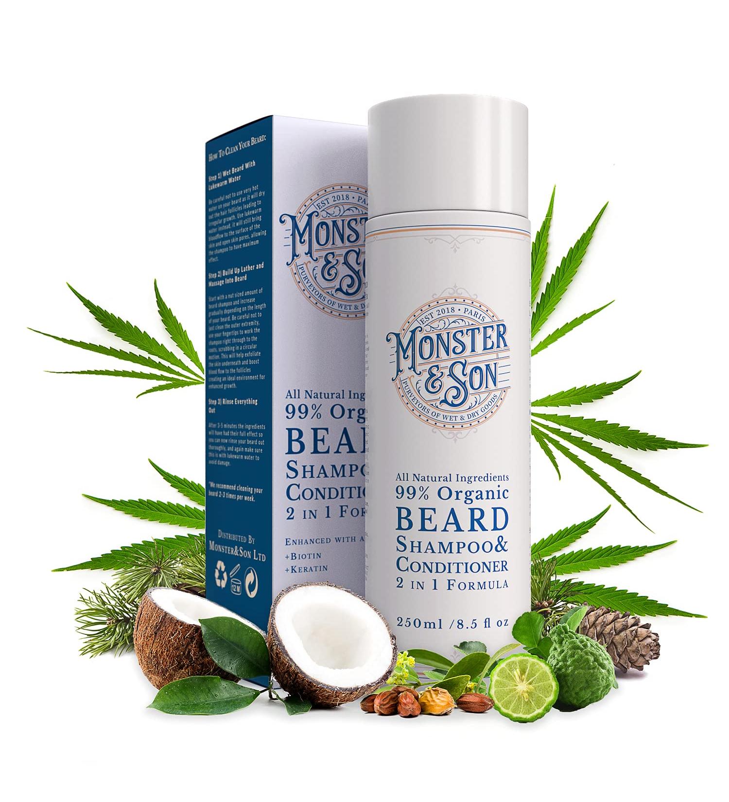 Buy Monster&Son Organic Beard Shampoo & Conditioner 2 in 1 - Gentle Hypoallergenic Wash for Sensitive Skin - Paraben & Sulphate Free - 250ml - Best Beard Care for Men - Buy Online on GoSupps.com