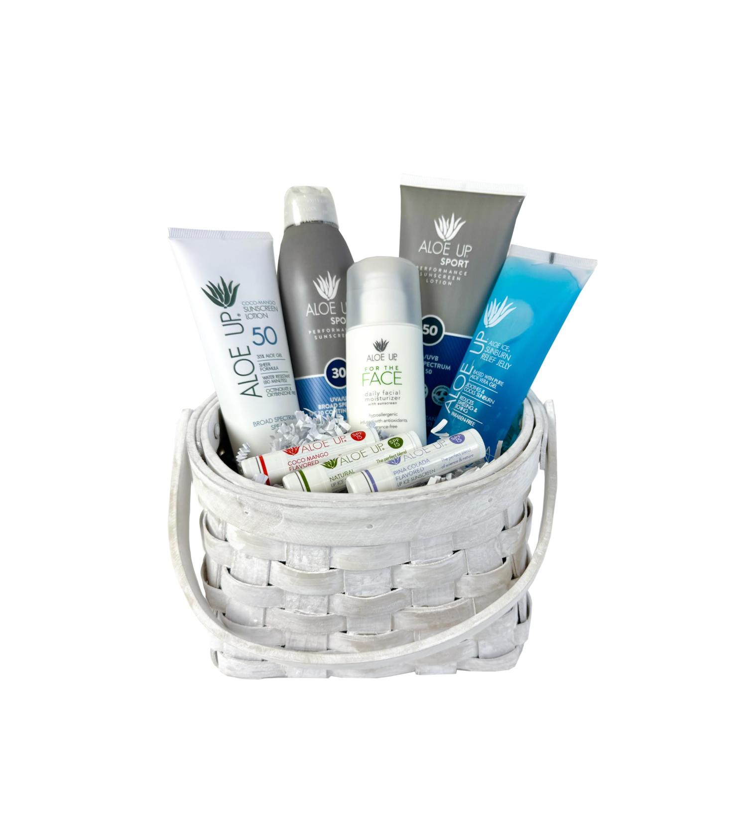 Aloe Up Sun & Skin Care Gift Basket 6-Piece for Men & Women Set with SPF Moisturizers Sport Sunscreens Lip Balm & Aloe Gel Alcohol-Free Reef Friendly Hydrating Skincare Kit - Buy Online on GoSupps.com