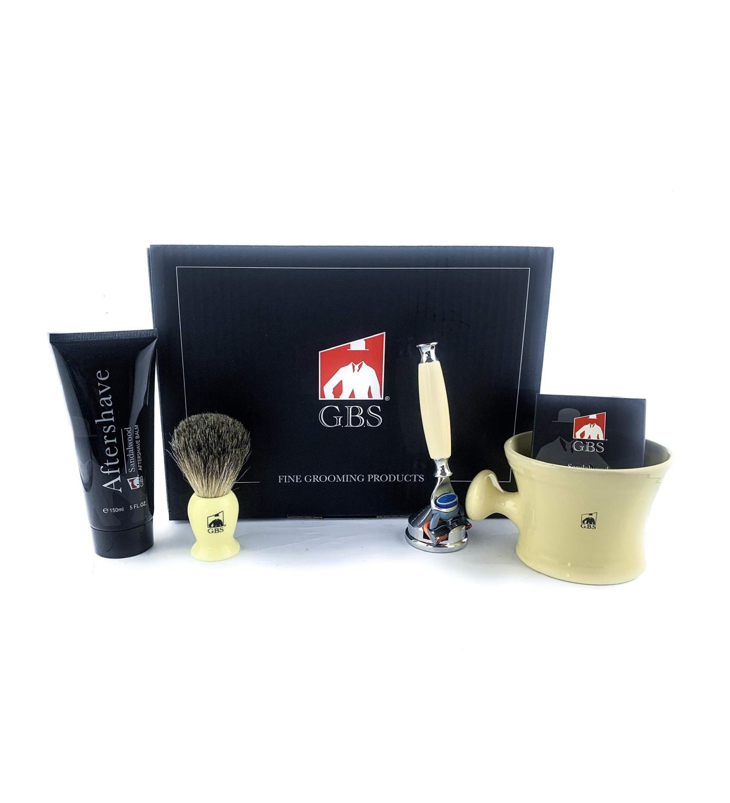 G.B.S Men's Faux Ivory Shaving Gift Set | 5 Blade Razor Shaving Mug Brush Sandalwood Aftershave & Soap | Perfect Grooming Kit for Men - Buy Online on GoSupps.com