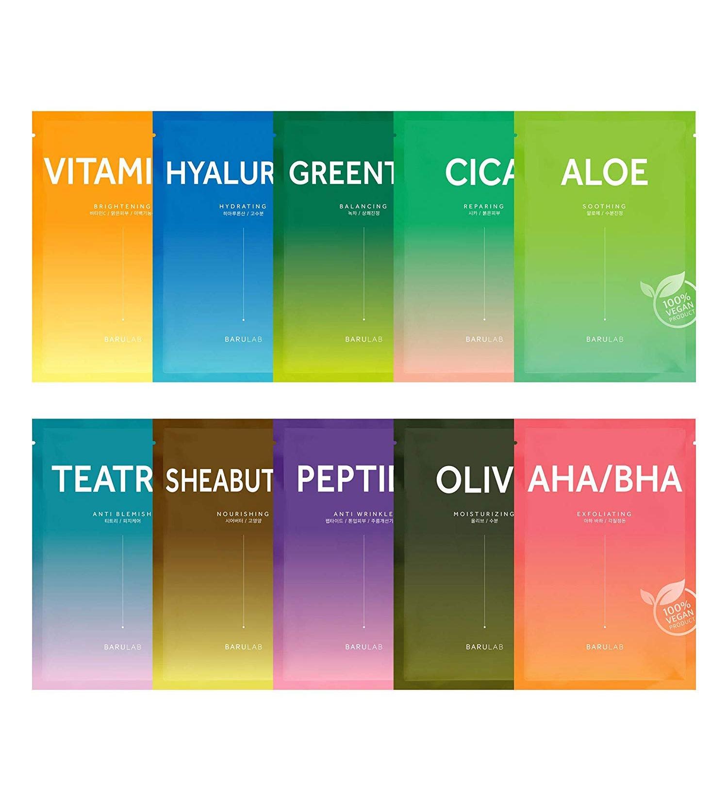 Barulab Sheet Mask 10-Pack Assorted Variety | Vegan Korean Facial Masks - Aloe, Cica, Green Tea, Olive, AHA.BHA, Peptide, Shea Butter, Tea Tree, Vitamin C, Hyaluronic Acid - Buy Online on GoSupps.com