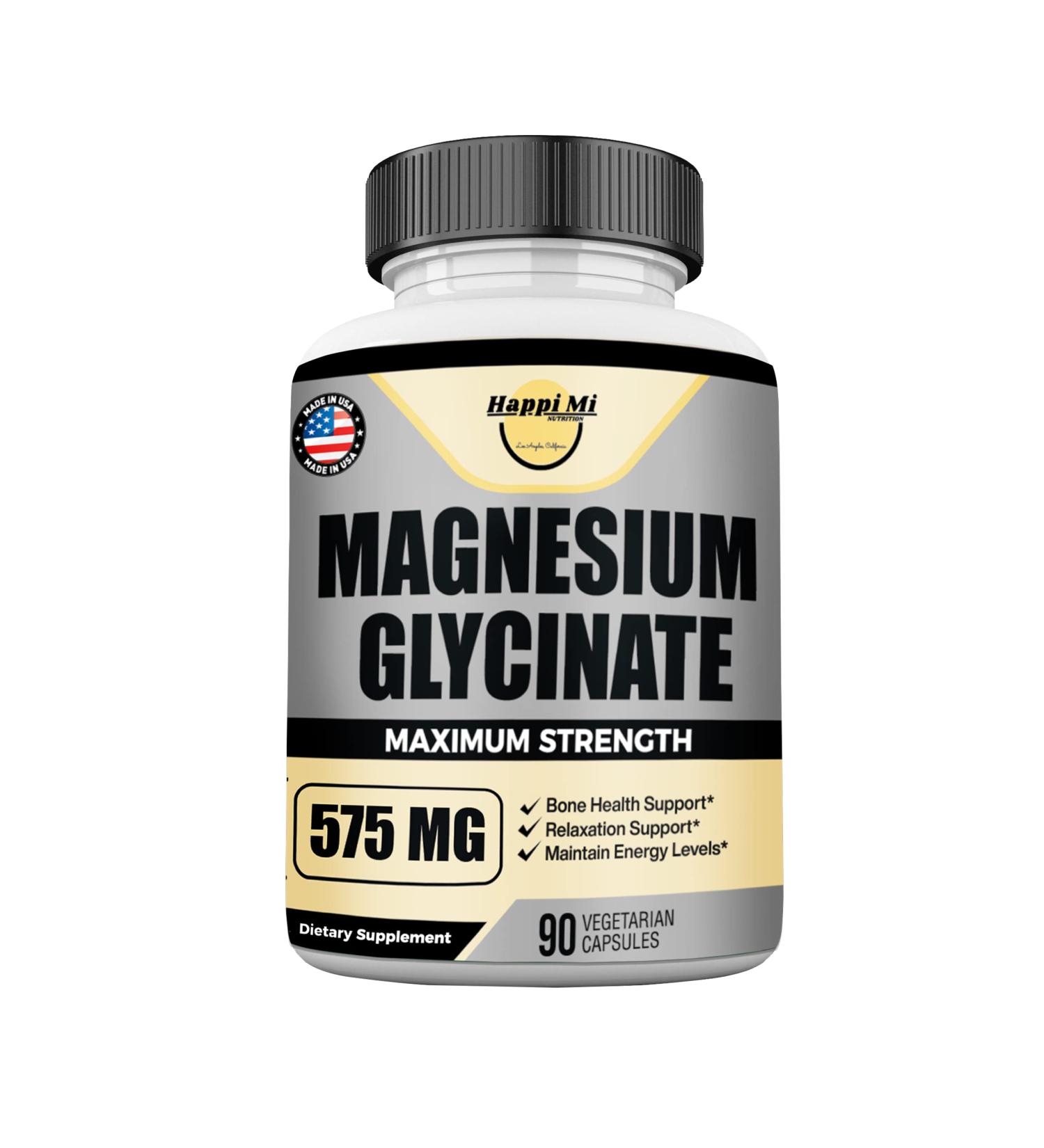 Happi Mi Magnesium Glycinate 575mg Supplement for Muscle & Bone Health - Immune Support, Relaxation & Mood Balance - Chelated for High Absorption - Non-GMO 90 Caps - Buy Online on GoSupps.com