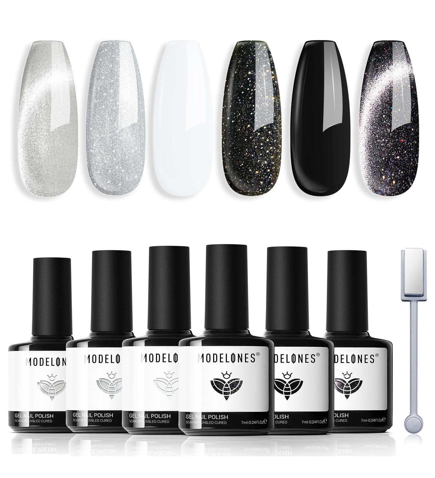 modelones Gel Nail Polish 6 Colors Cat Eye Black White Gray Silver Glitter Shimmer Gel Polish Kit with Magnet Sparkle Galaxy Series Soak Off Nail Art Manicure Home Gift for Women Girl - Buy Online on GoSupps.com
