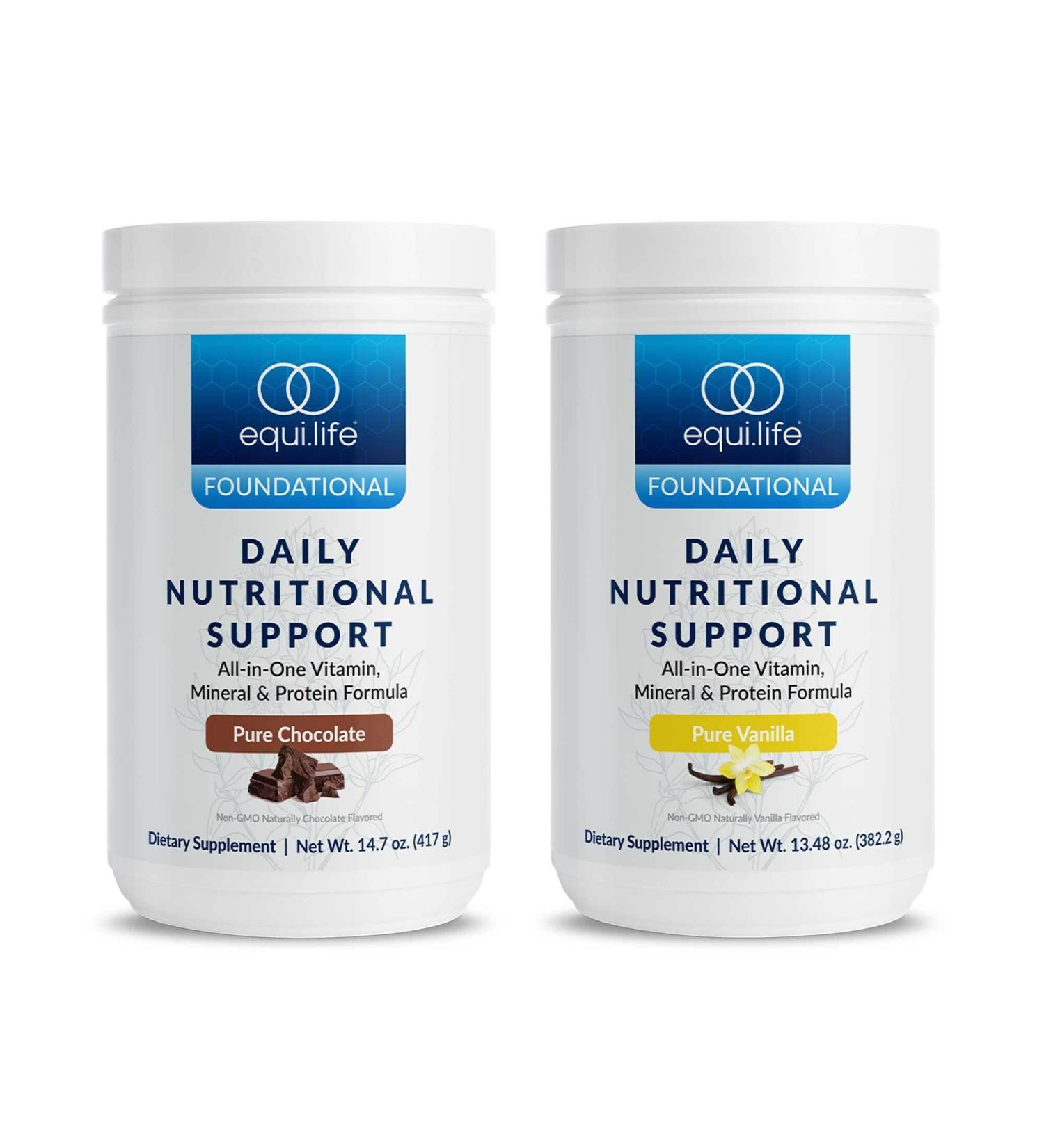 Equilife - Daily Nutritional Support Bundle All-in-One Vegan Protein Powder Daily Multivitamin Boost Energy & Mood Gut-Cleansing Aid Promotes Skin Health (Chocolate and Vanilla 14 Servings Each) - Buy Online on GoSupps.com