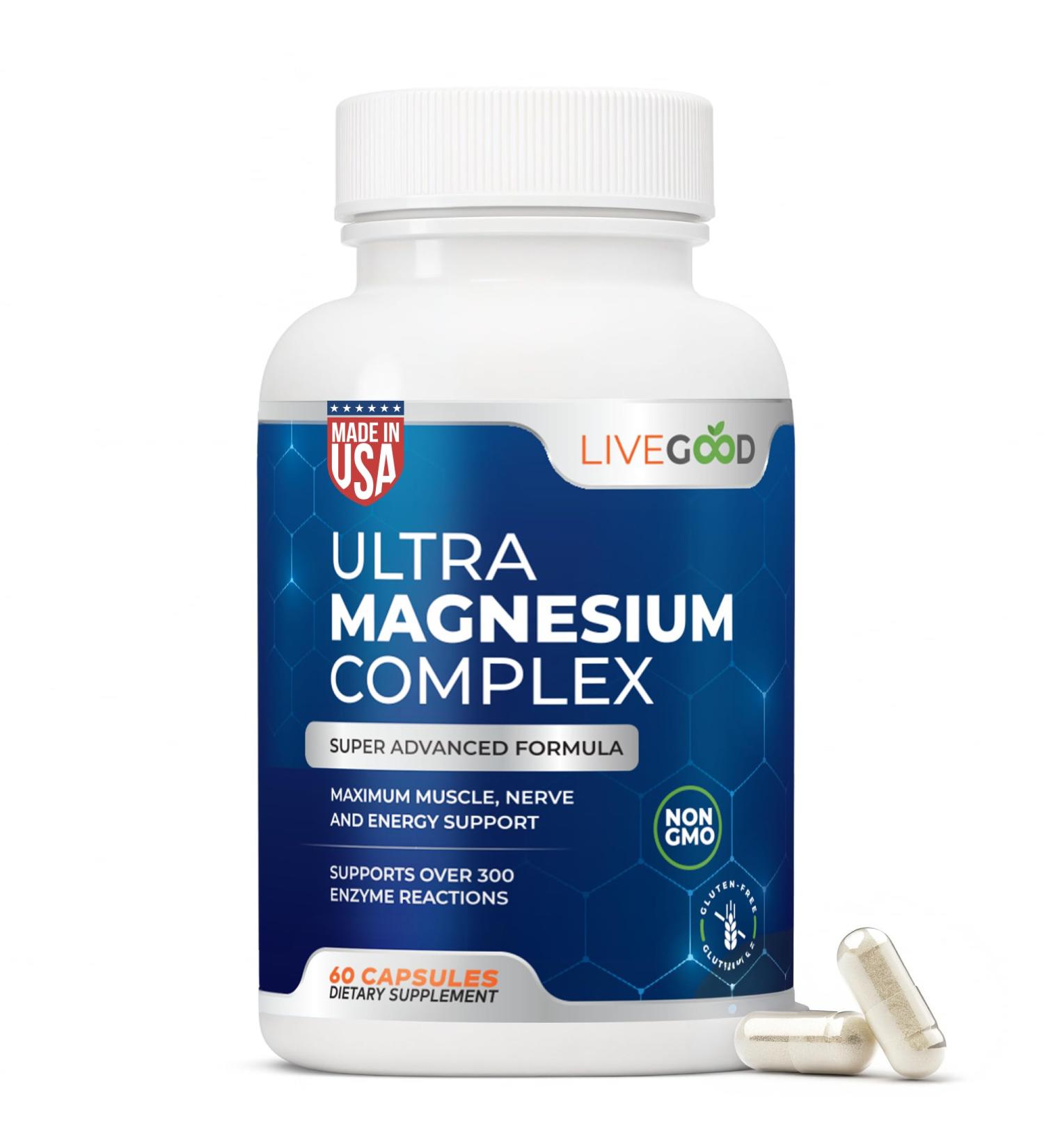 LiveGood Ultra Magnesium Complex Organic Magnesium Glycinate and Gluconate for Muscle Recovery Nerve Support & Relief High Absorption Supplement Vegan Non-GMO Made in USA 60 Capsules - Buy Online on GoSupps.com